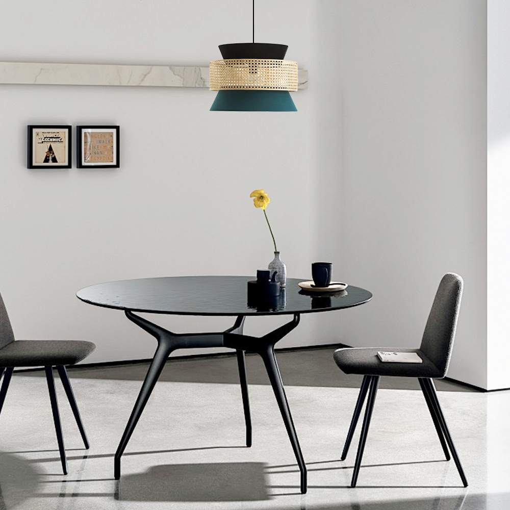 Farmhouse Hooded Pendant Light — Rattan&Black Metal for Dining Room - Flindria