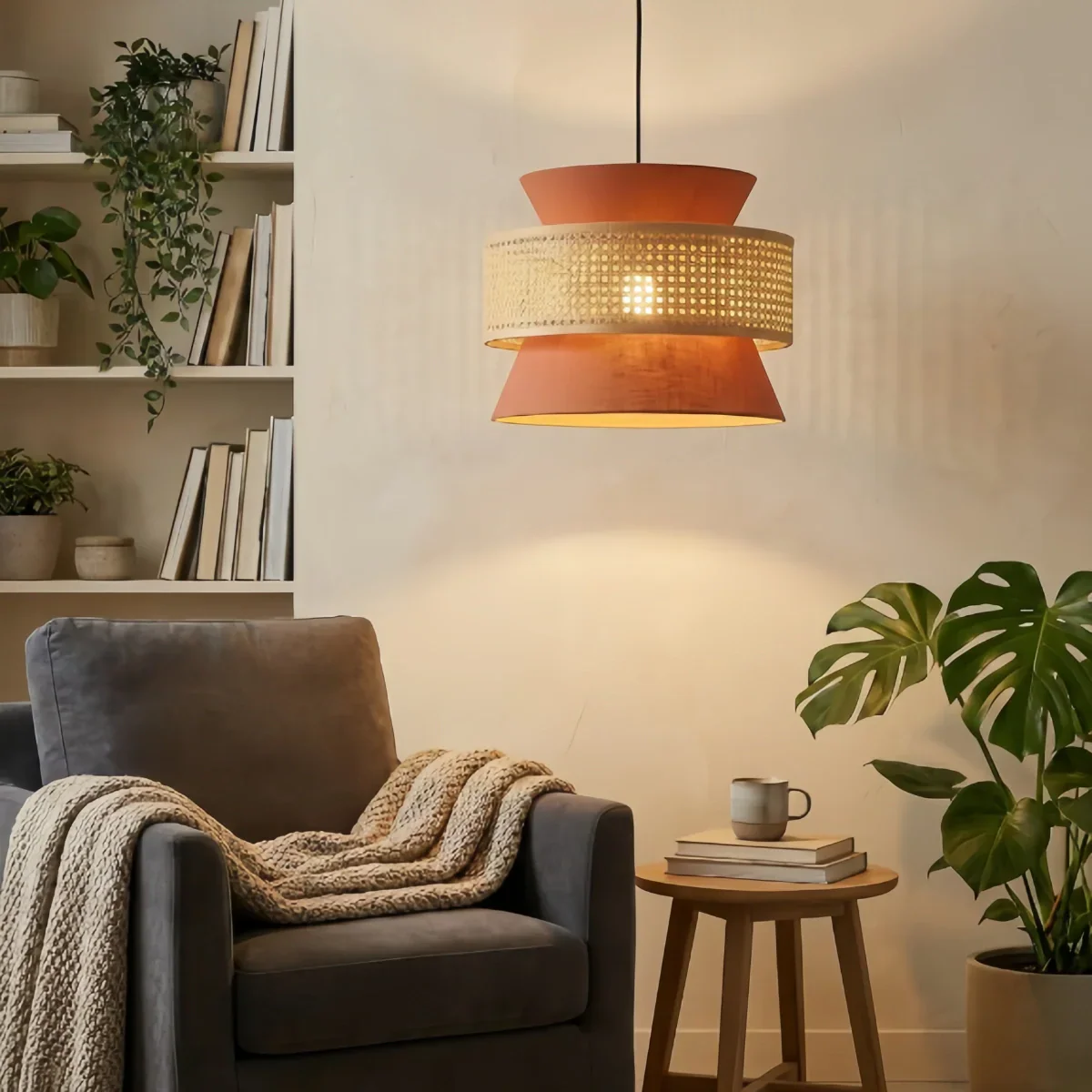 Farmhouse Hooded Pendant Light — Rattan&Black Metal for Dining Room - Flindria