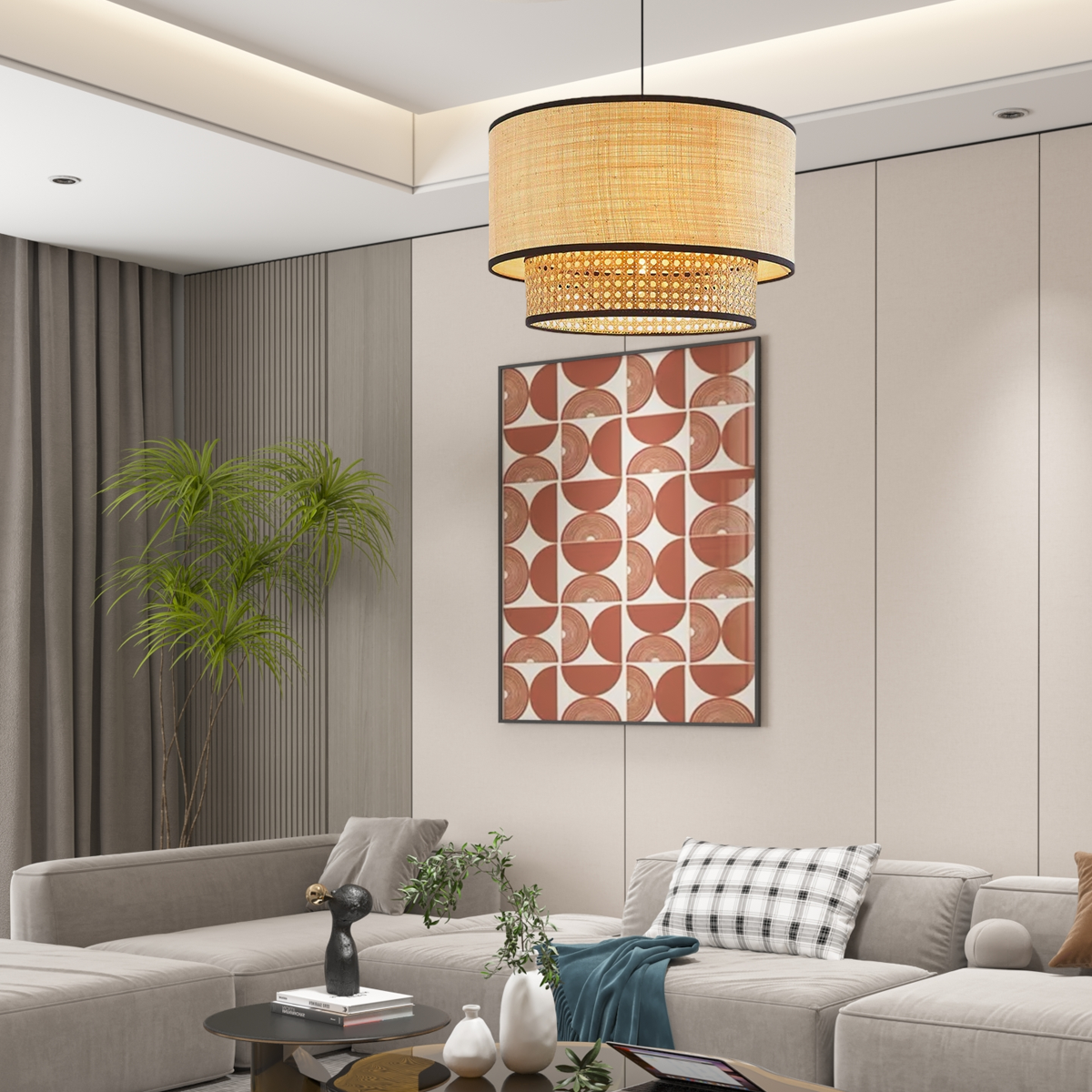 Farmhouse Rattan Pendant Light - Double-Layer Wood Lantern for Dining Room - Flindria
