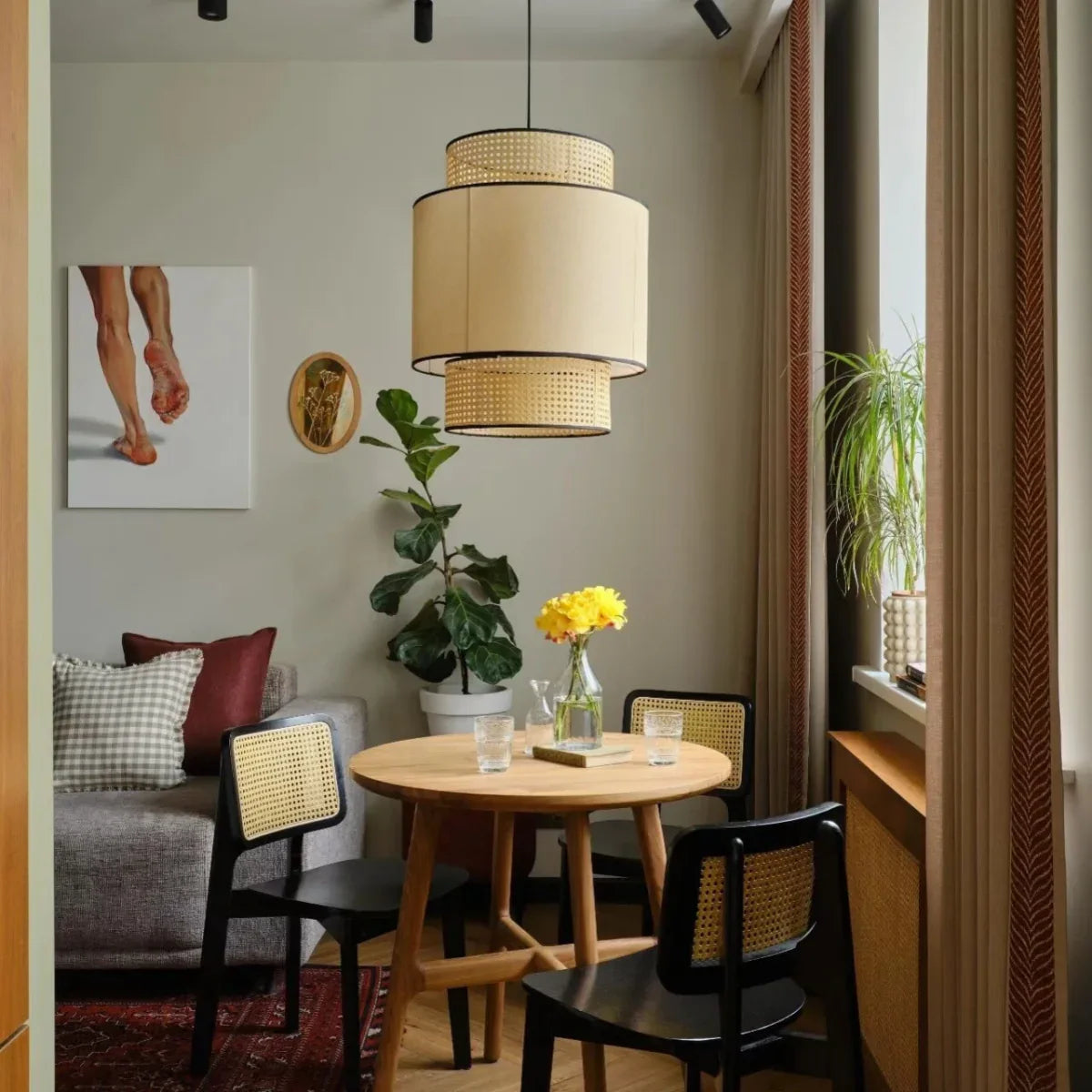 Farmhouse  Pendant Light - Fabric & Rattan Lantern for Dining Room/Bedroom - Flindria