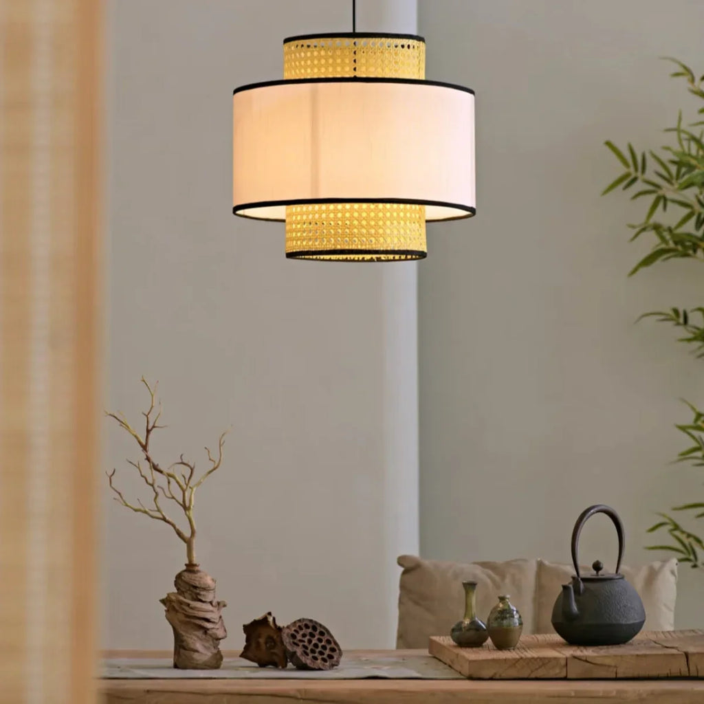 Farmhouse  Pendant Light - Fabric & Rattan Lantern for Dining Room/Bedroom - Flindria