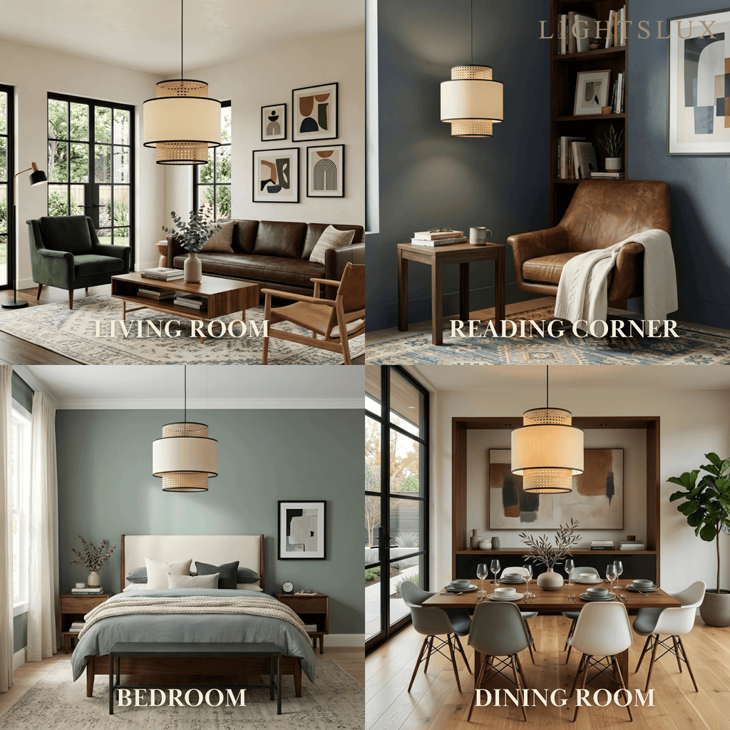 Farmhouse  Pendant Light - Fabric & Rattan Lantern for Dining Room/Bedroom - Flindria
