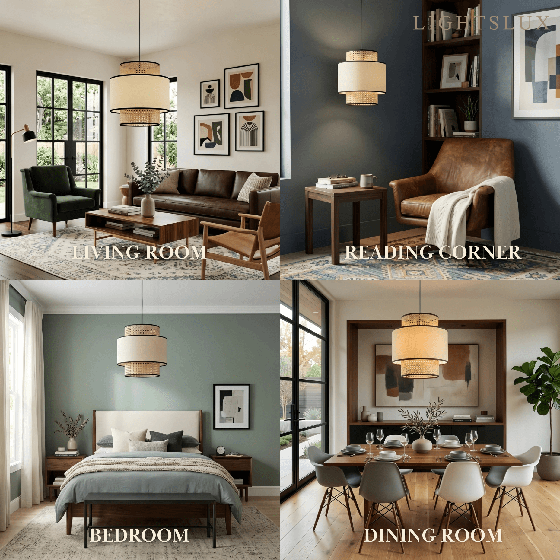 Farmhouse  Pendant Light - Fabric & Rattan Lantern for Dining Room/Bedroom - Flindria