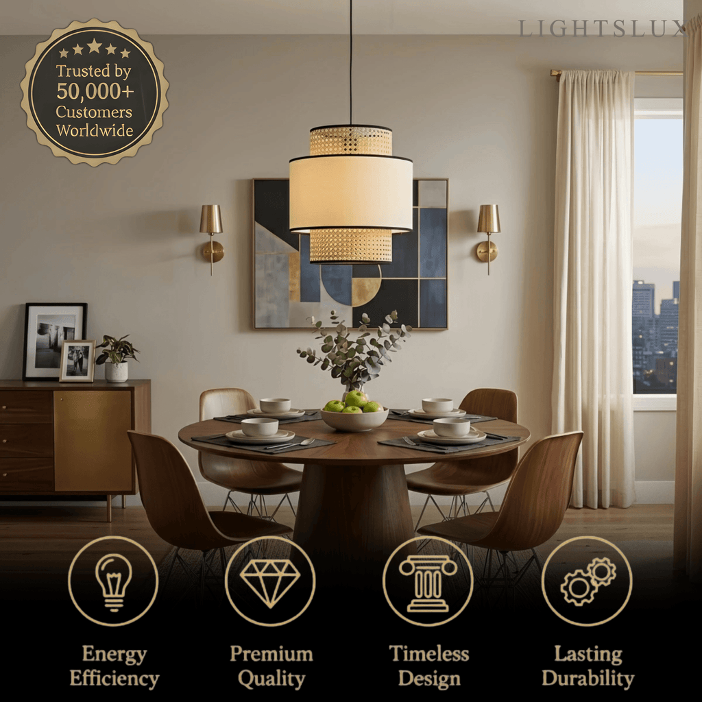 Farmhouse  Pendant Light - Fabric & Rattan Lantern for Dining Room/Bedroom - Flindria