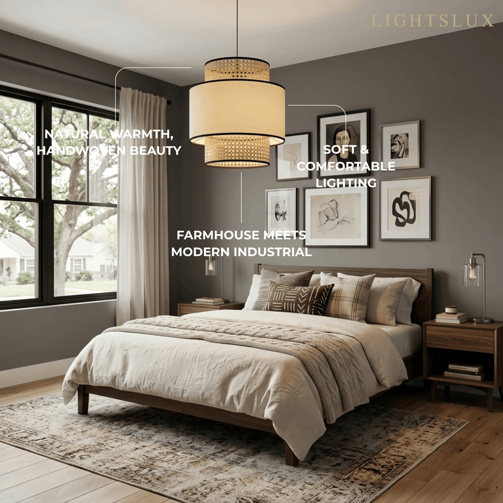 Farmhouse  Pendant Light - Fabric & Rattan Lantern for Dining Room/Bedroom - Flindria