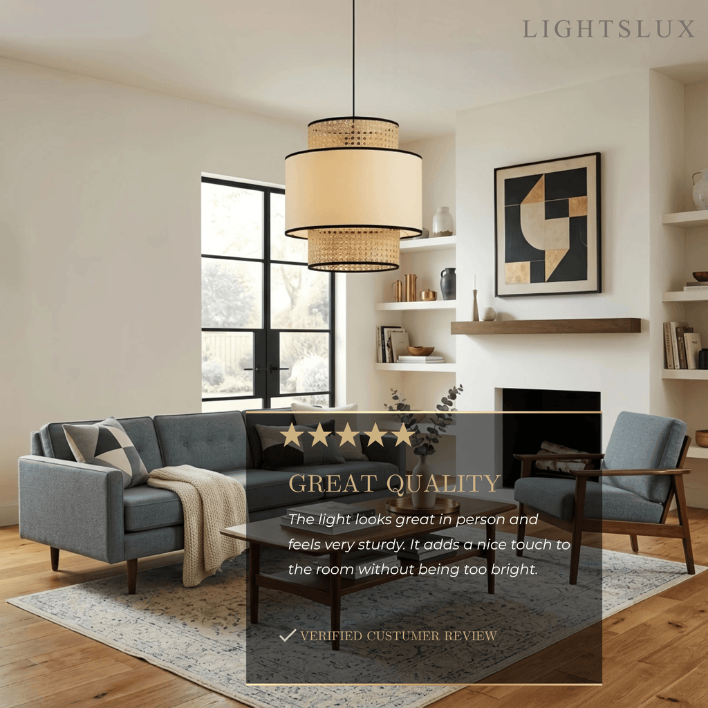 Farmhouse  Pendant Light - Fabric & Rattan Lantern for Dining Room/Bedroom - Flindria