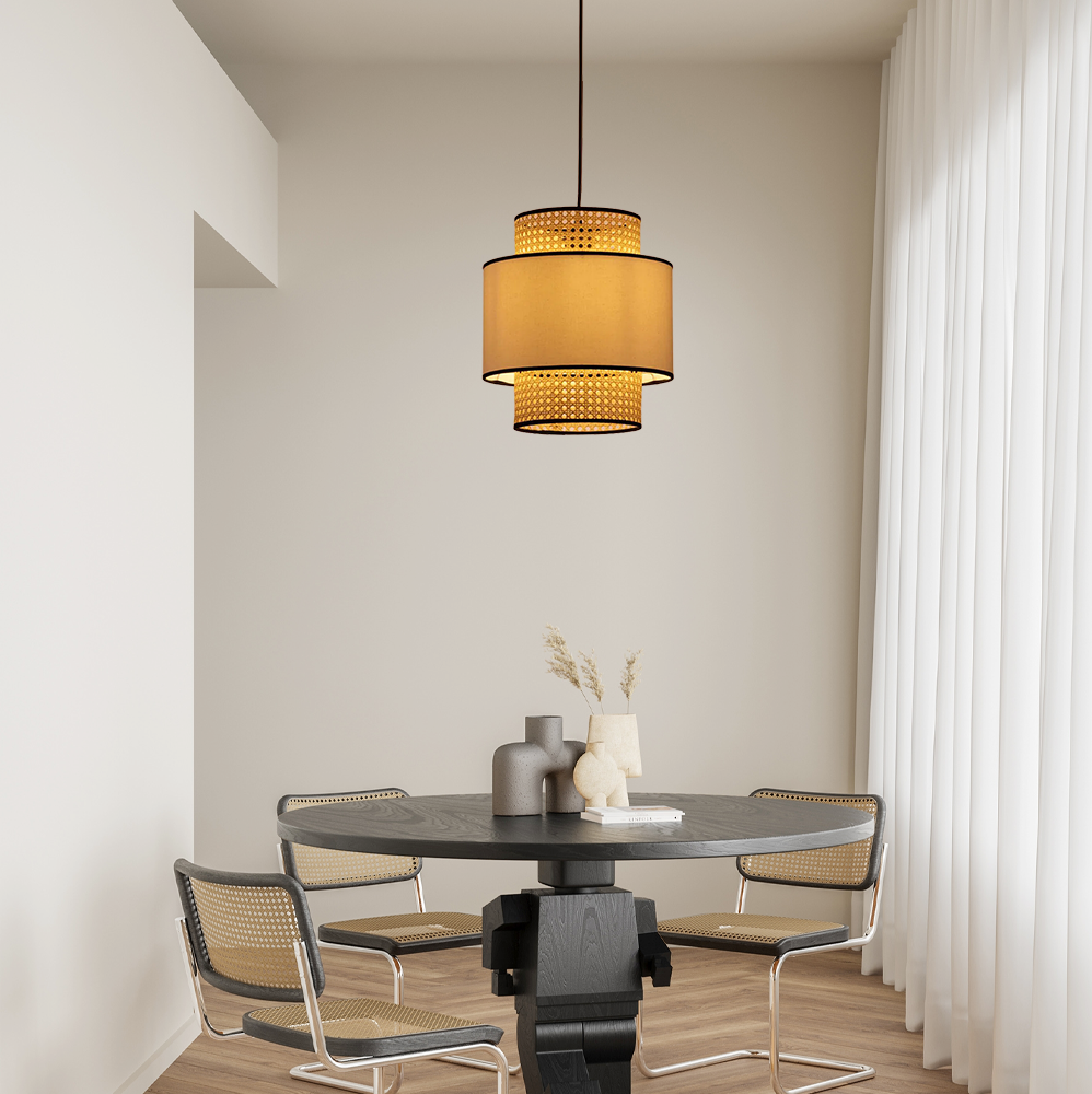 Farmhouse  Pendant Light - Fabric & Rattan Lantern for Dining Room/Bedroom - Flindria