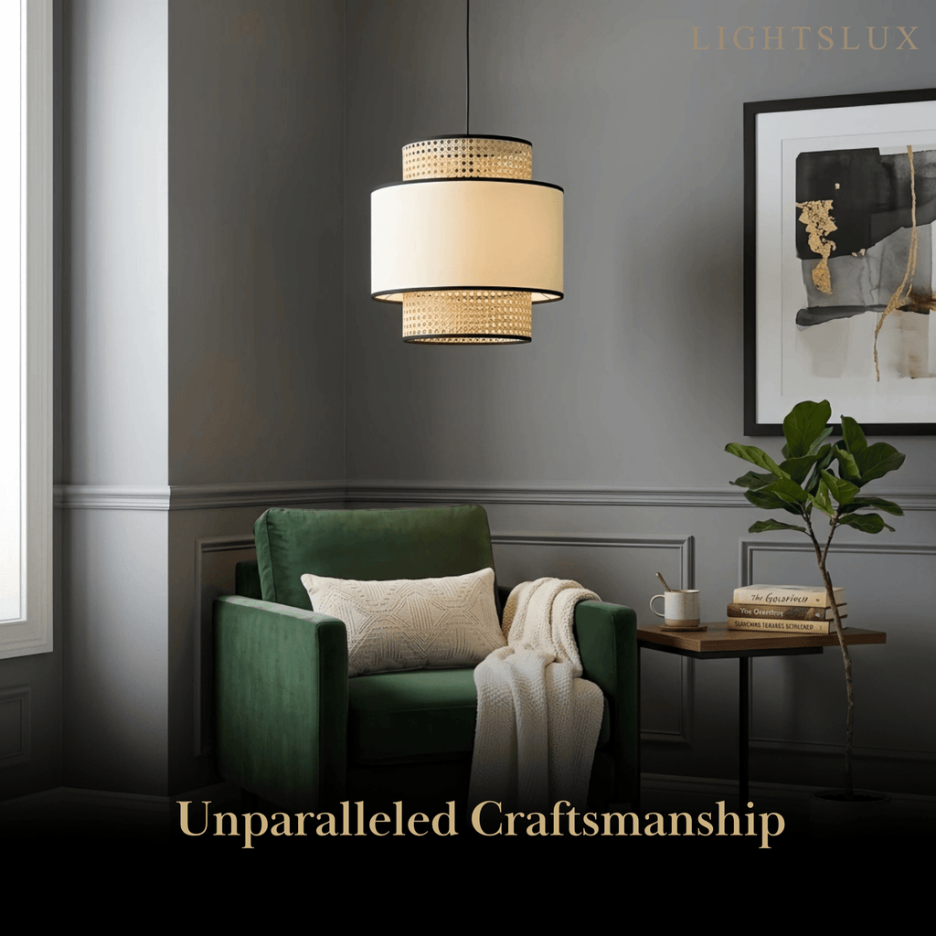 Farmhouse  Pendant Light - Fabric & Rattan Lantern for Dining Room/Bedroom - Flindria