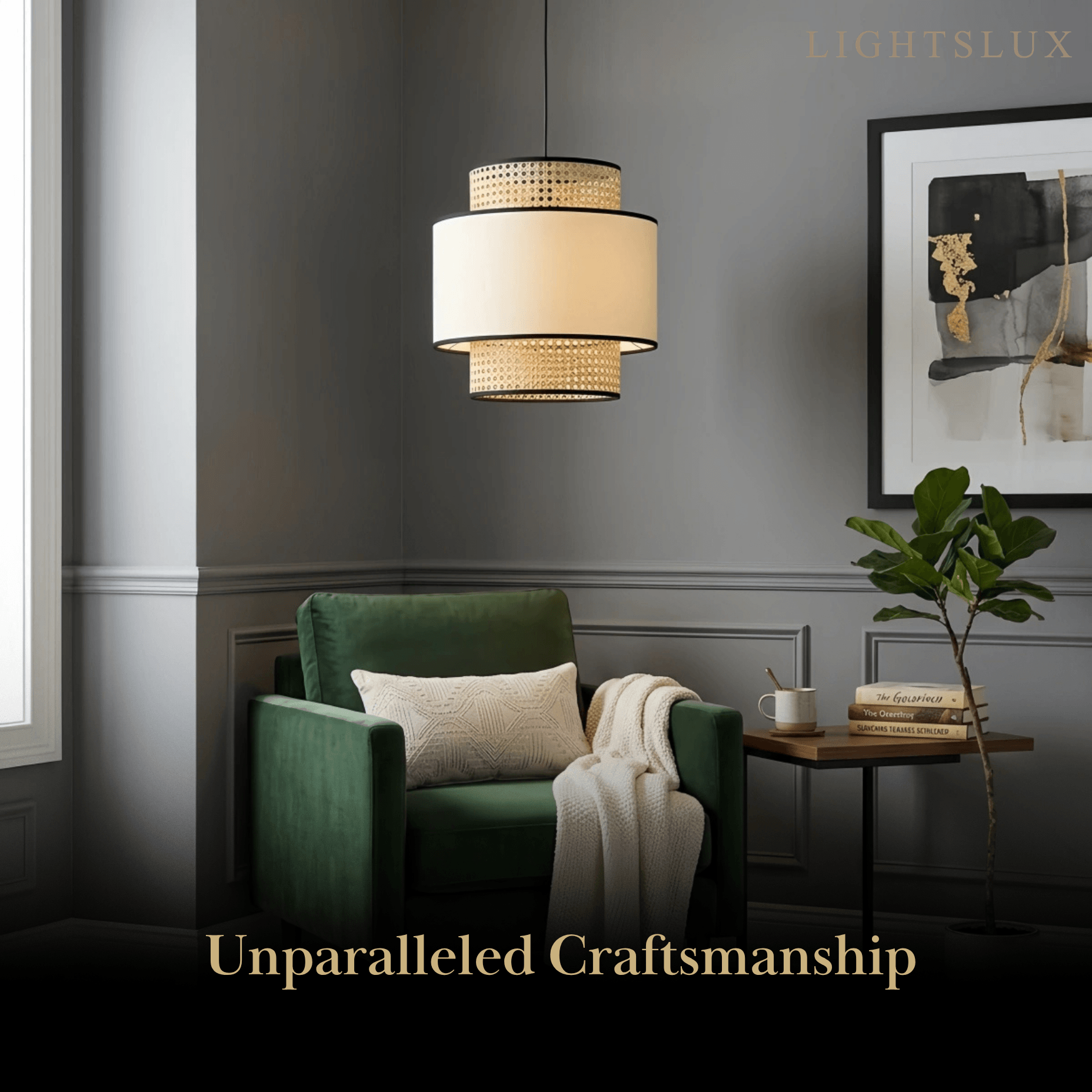 Farmhouse  Pendant Light - Fabric & Rattan Lantern for Dining Room/Bedroom - Flindria