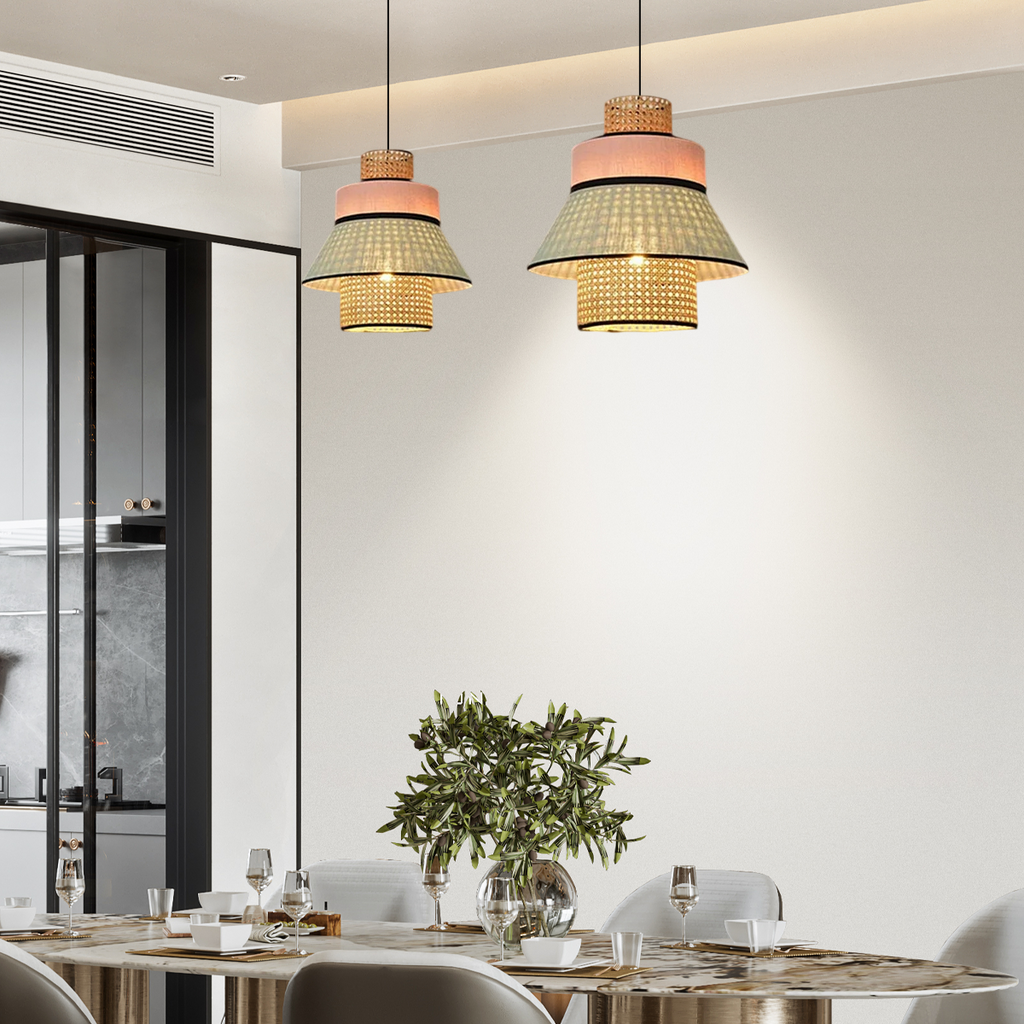 Farmhouse Pendant Light — Dual-Style Fabric & Rattan for Dining Room - Flindria