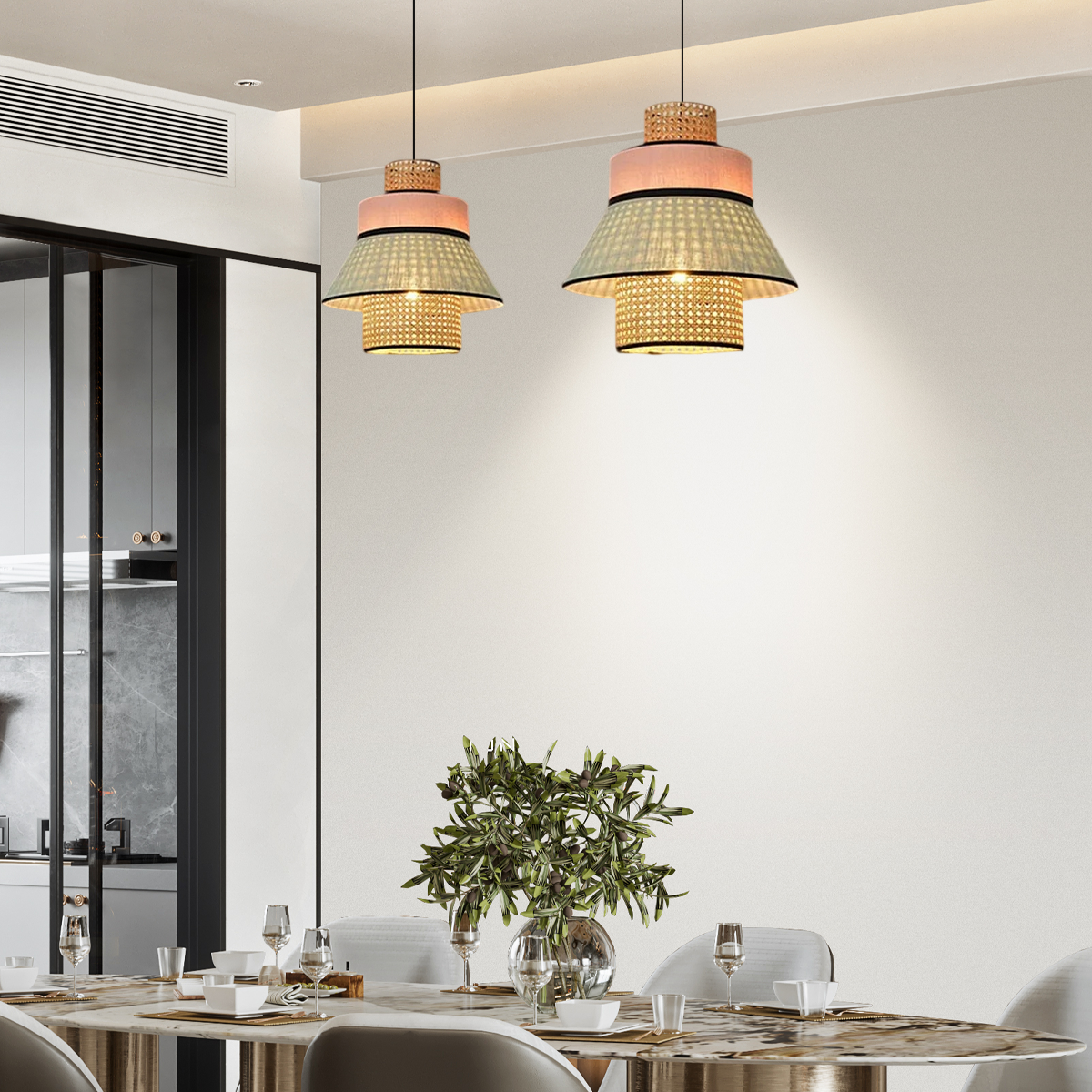 Farmhouse Pendant Light — Dual-Style Fabric & Rattan for Dining Room - Flindria