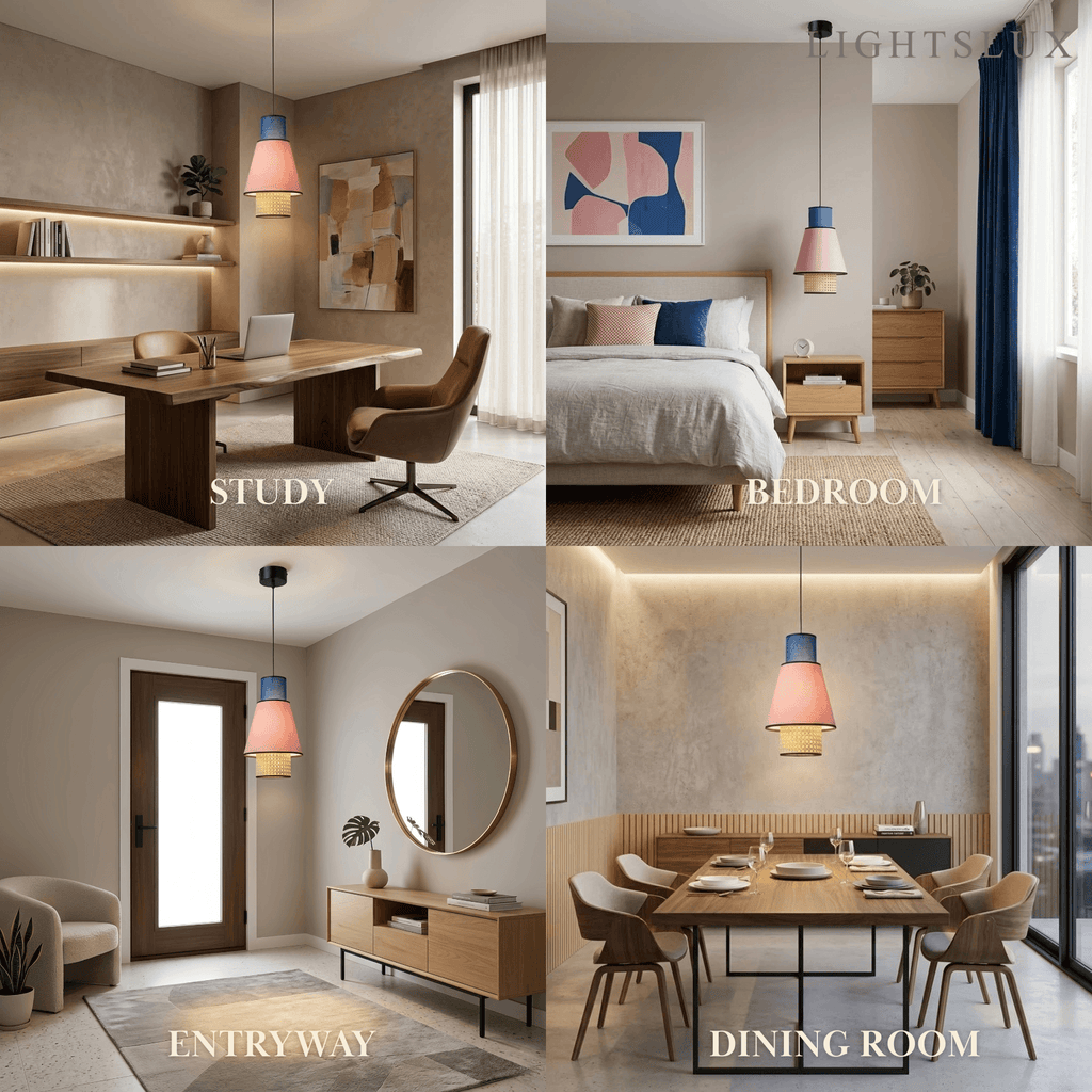 Farmhouse Cylindrical Pendant Light - Fabric & Rattan Lantern for Dining Room - Flindria