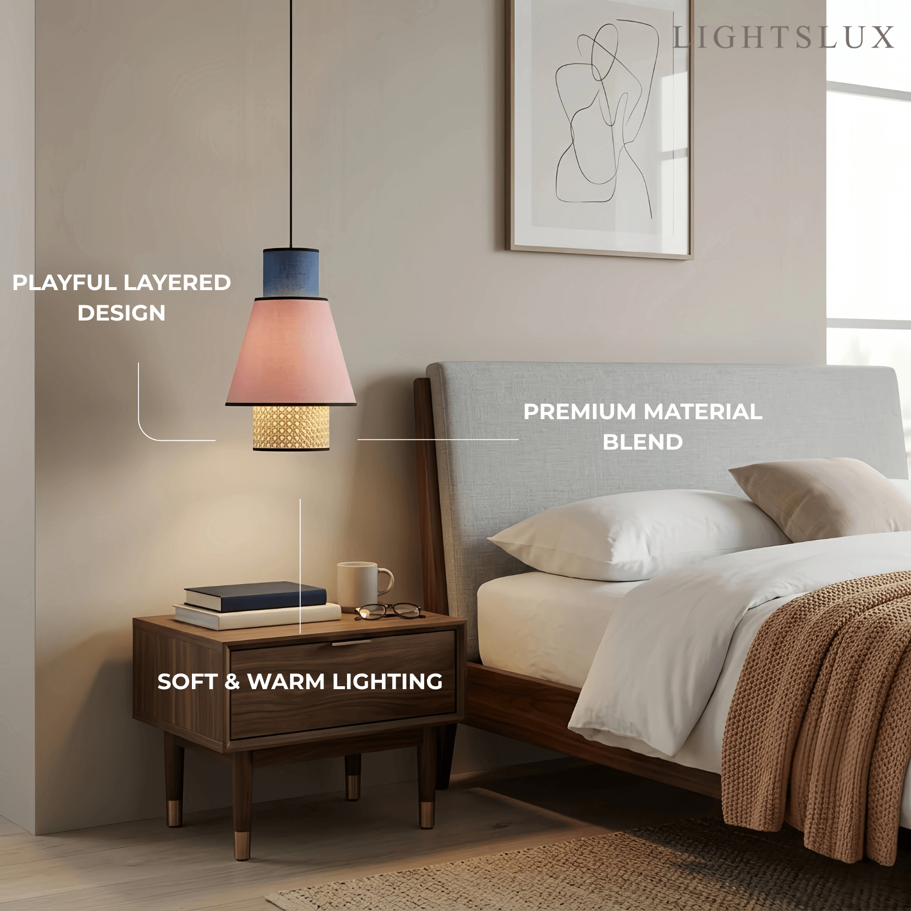 Farmhouse Cylindrical Pendant Light - Fabric & Rattan Lantern for Dining Room - Flindria