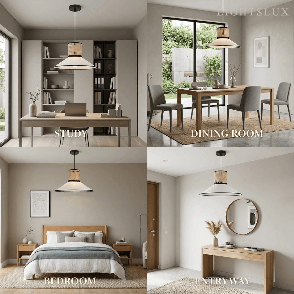 Farmhouse Hooded Pendant Light — Fabric & Rattan for Dining Room - Flindria