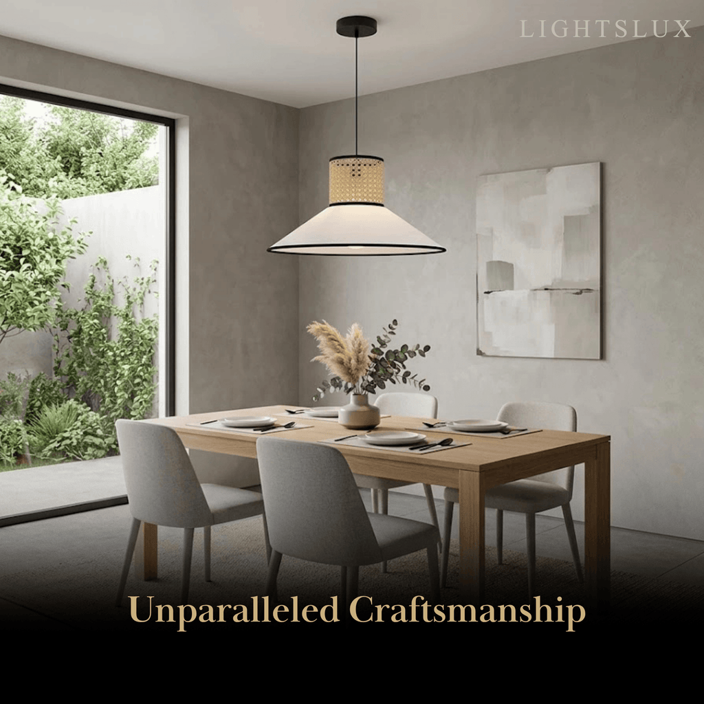 Farmhouse Hooded Pendant Light — Fabric & Rattan for Dining Room - Flindria