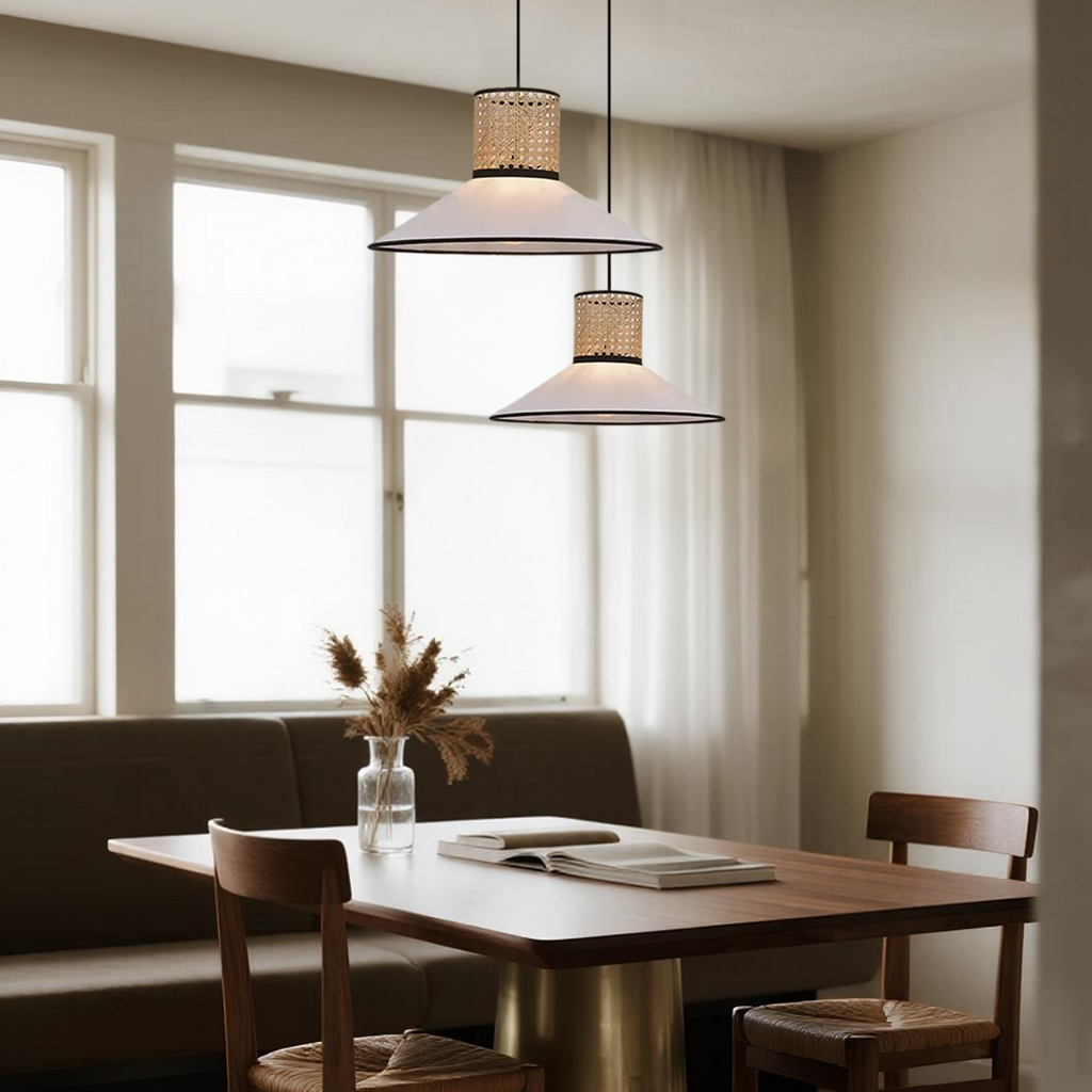 Farmhouse Hooded Pendant Light — Fabric & Rattan for Dining Room - Flindria