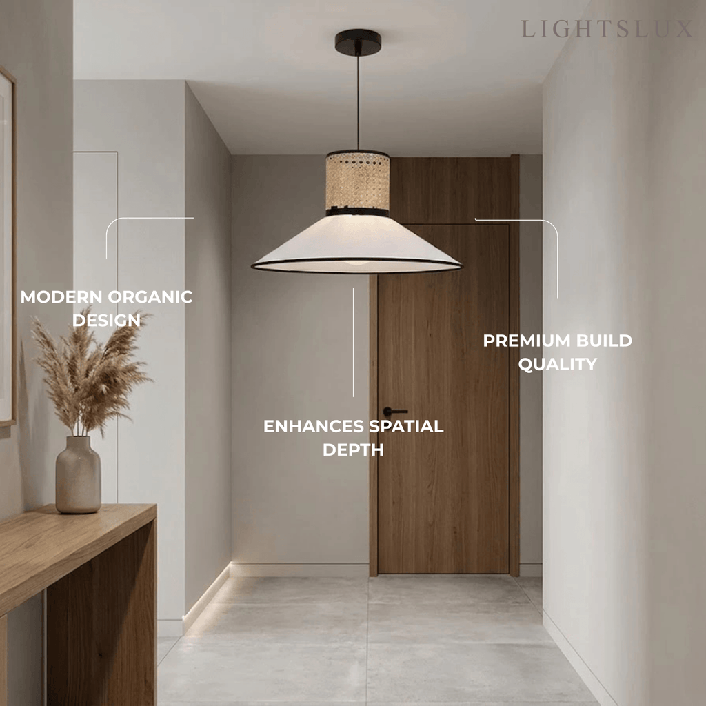 Farmhouse Hooded Pendant Light — Fabric & Rattan for Dining Room - Flindria