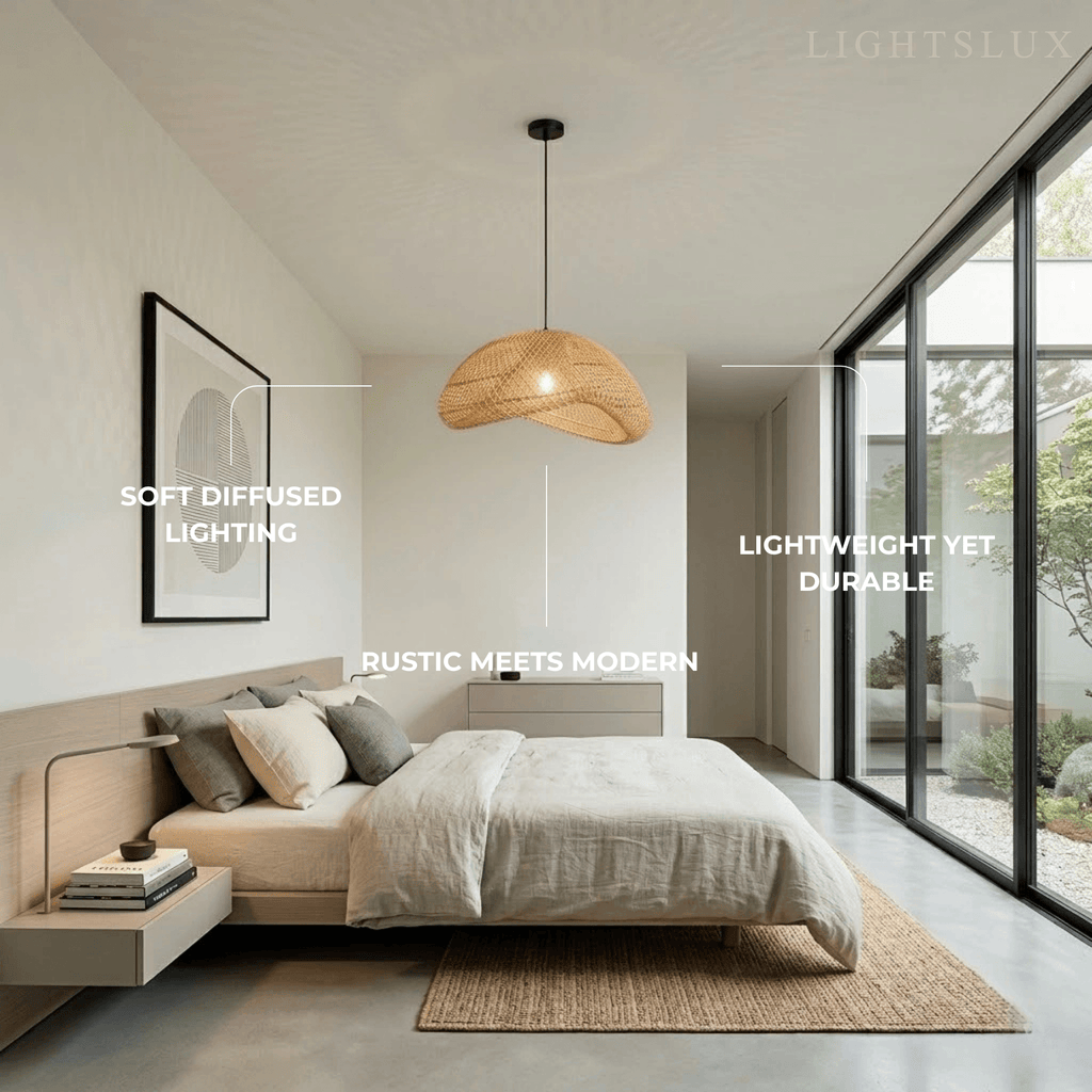 Farmhouse Pendant Light — Uneven Metal & Rattan for Dining Room - Flindria