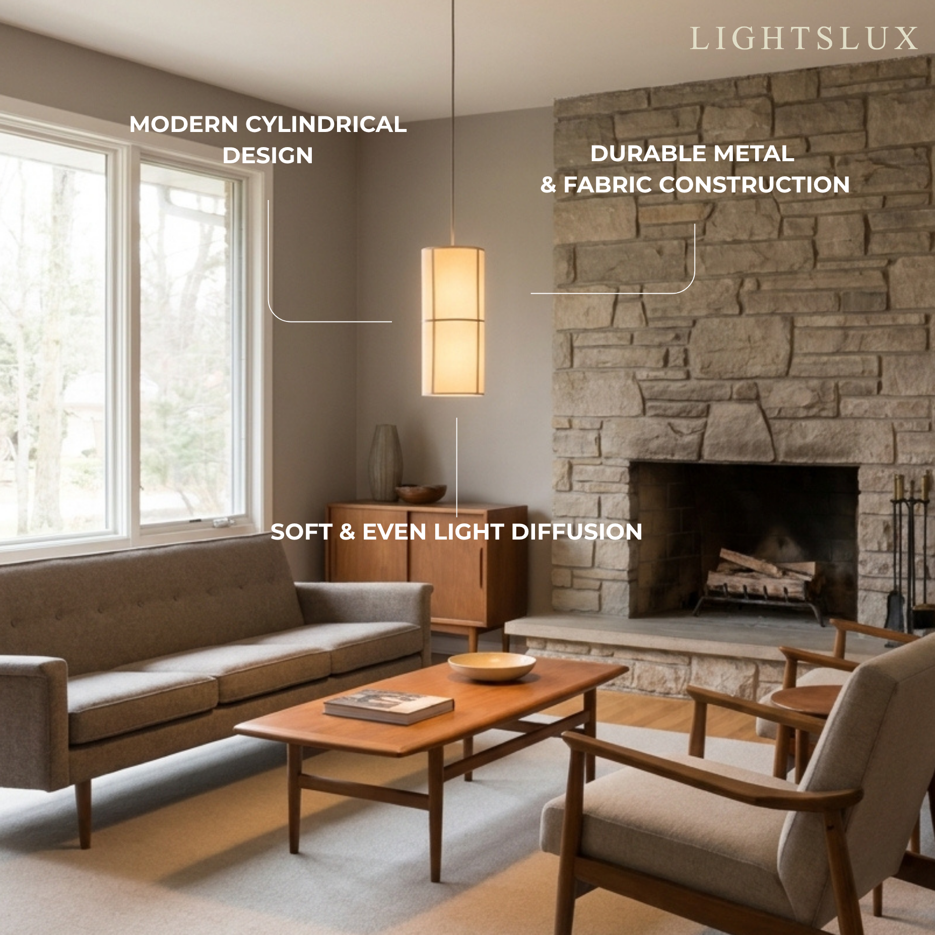 Modern Pendant Light — White Metal & Fabric Cylinder for Living Room - Flindria