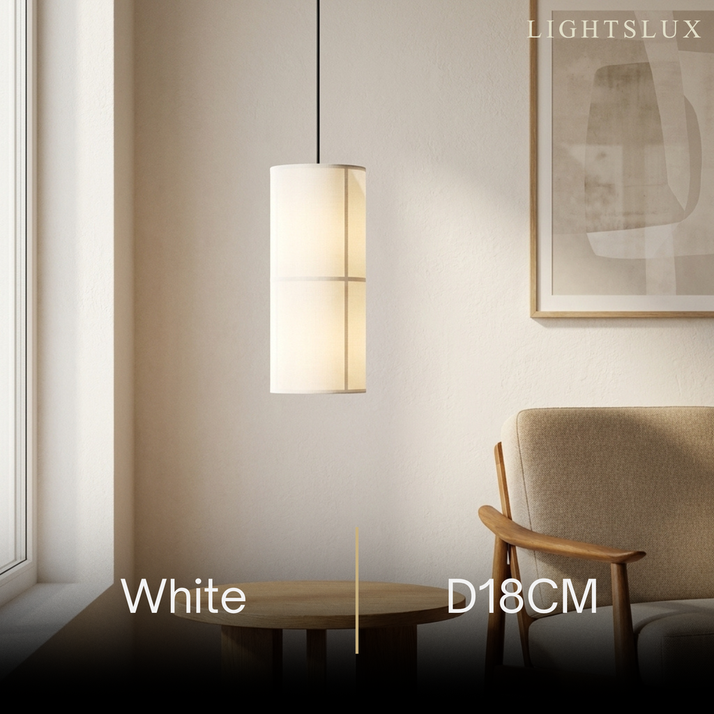 Modern Pendant Light — White Metal & Fabric Cylinder for Living Room - Flindria