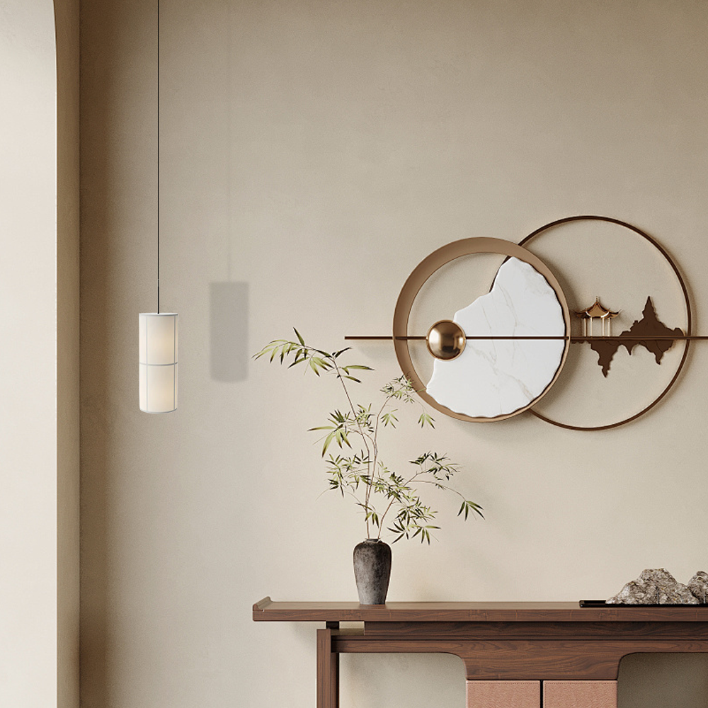 Modern Pendant Light — White Metal & Fabric Cylinder for Living Room - Flindria