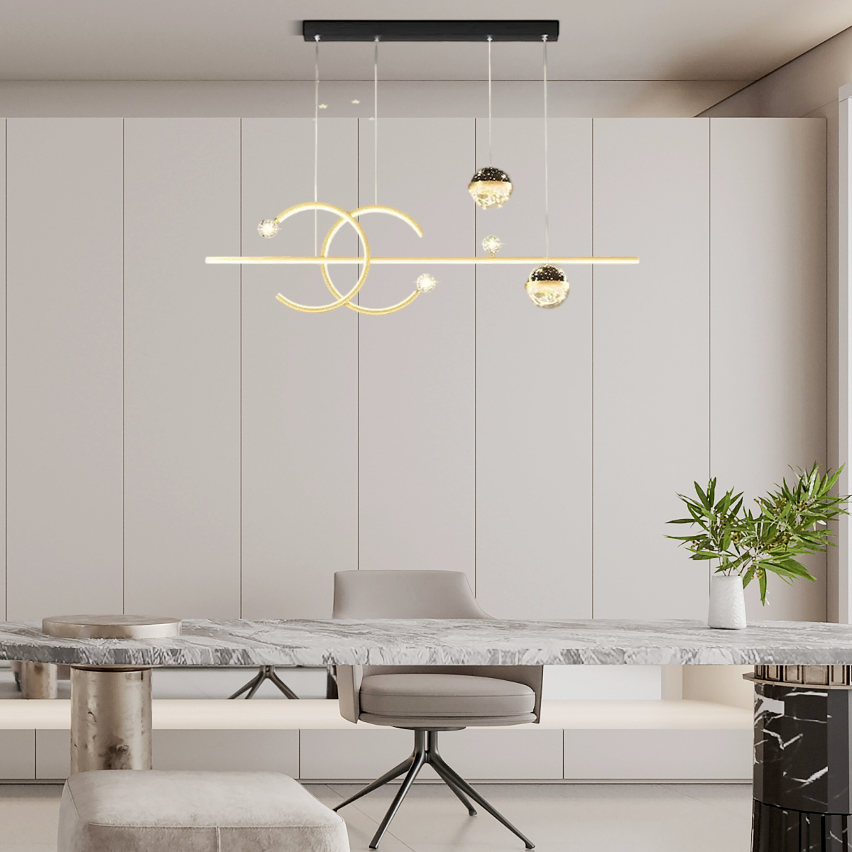 Lámpara colgante de globo moderna - Metal negro/dorado y vidrio para comedor - Flindria