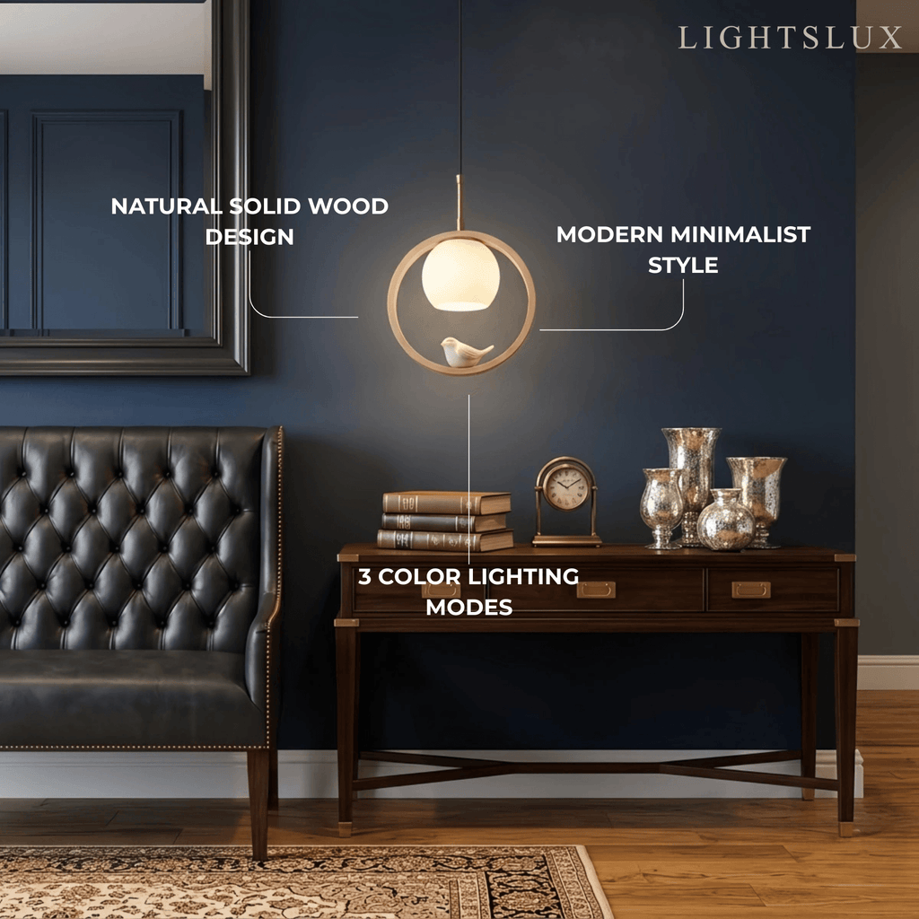 Modern Wood Pendant Light – Ring With Bird for Living/Dining Room - Flindria