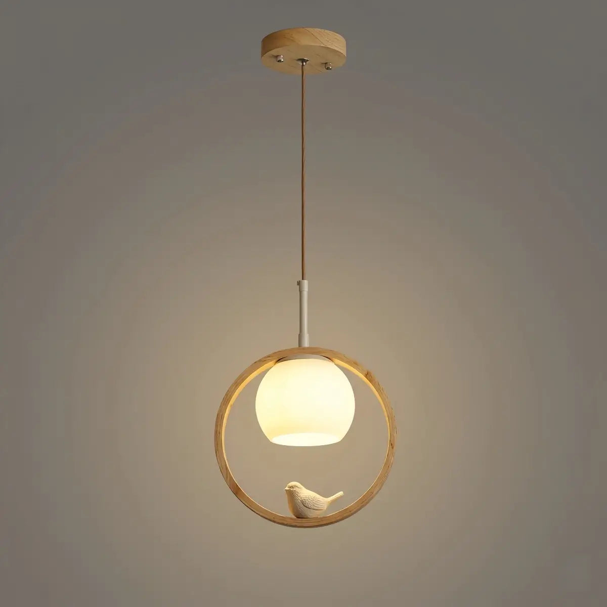 Modern Wood Pendant Light – Ring With Bird for Living/Dining Room - Flindria