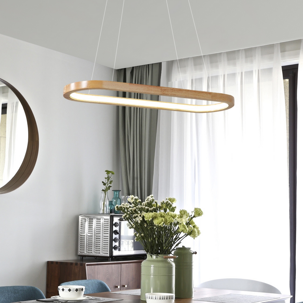 Minimalist Wooden Pendant Light - Oval LED Design for Living/Dining Room - Flindria