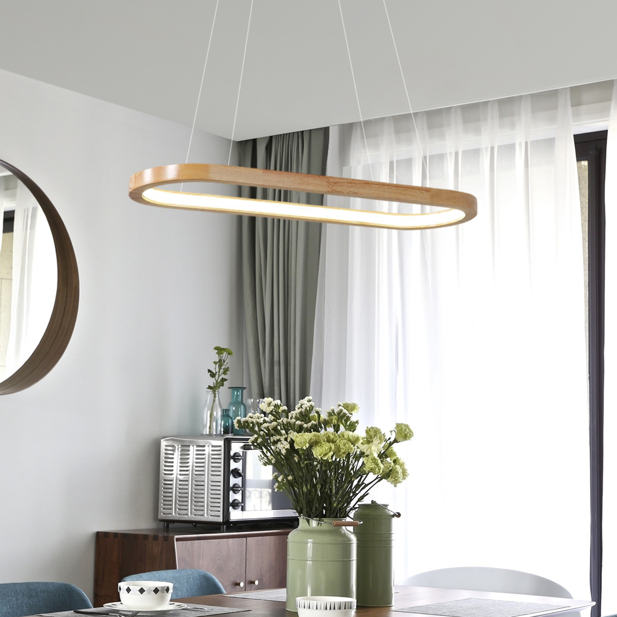 Minimalist Wooden Pendant Light - Oval LED Design for Living/Dining Room - Flindria