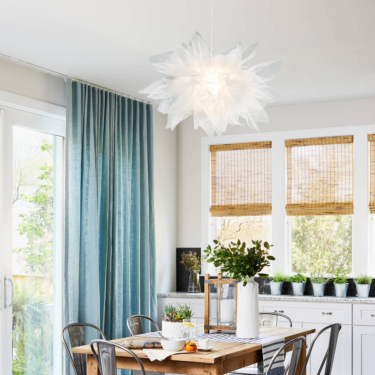 Art Deco Pendant Light – White Metal Floral with Organza Shade for Bedroom - Flindria