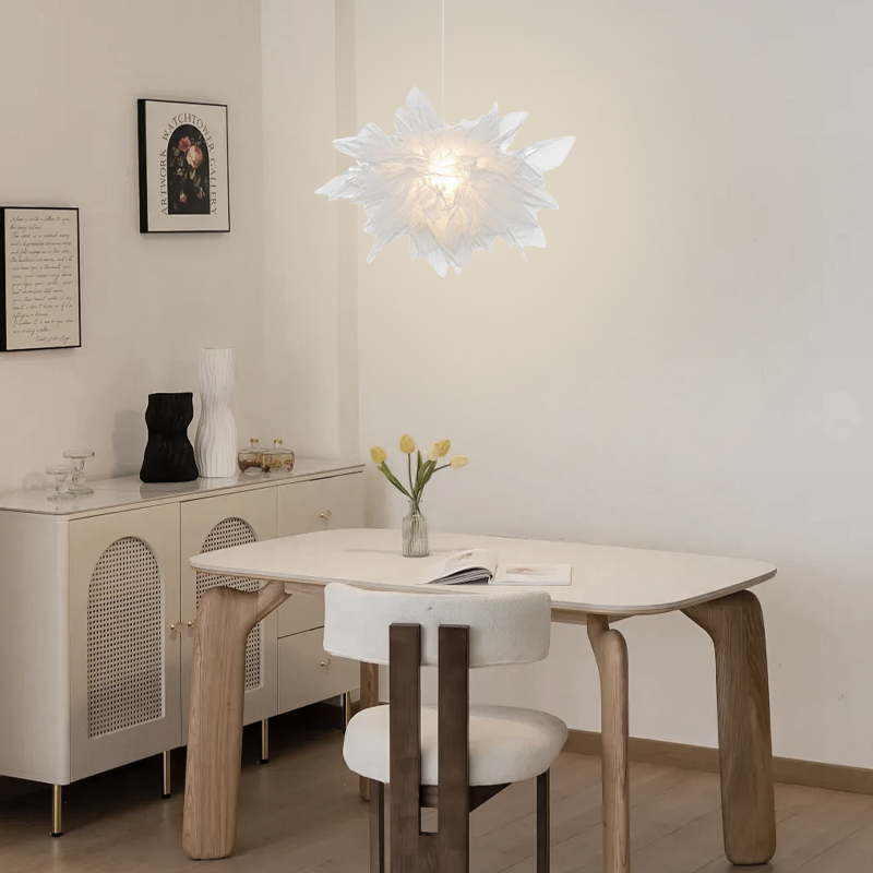Art Deco Pendant Light – White Metal Floral with Organza Shade for Bedroom - Flindria