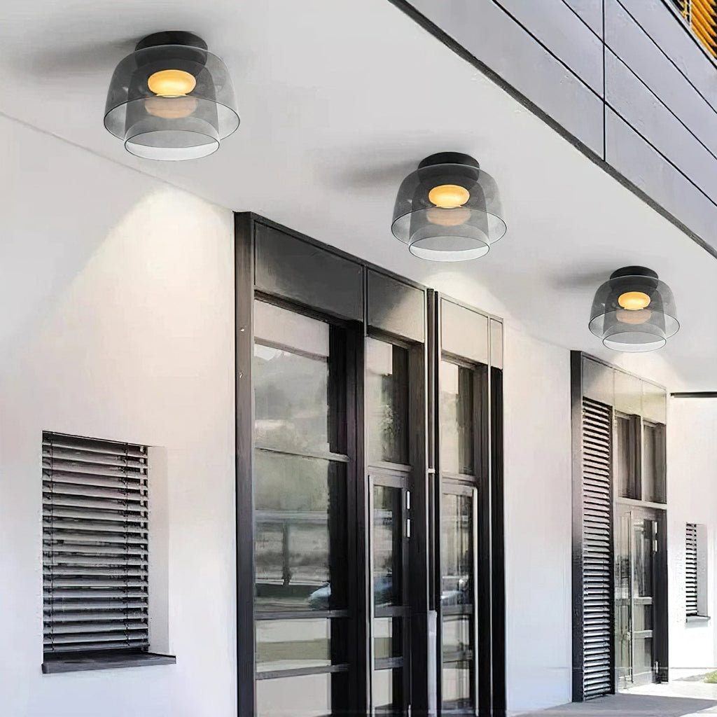 Tiered Glass Ceiling Light — Metal Frame, Black Green Smoke Gray Orange Finishes, Integrated LED, 32-42cm Diameter
