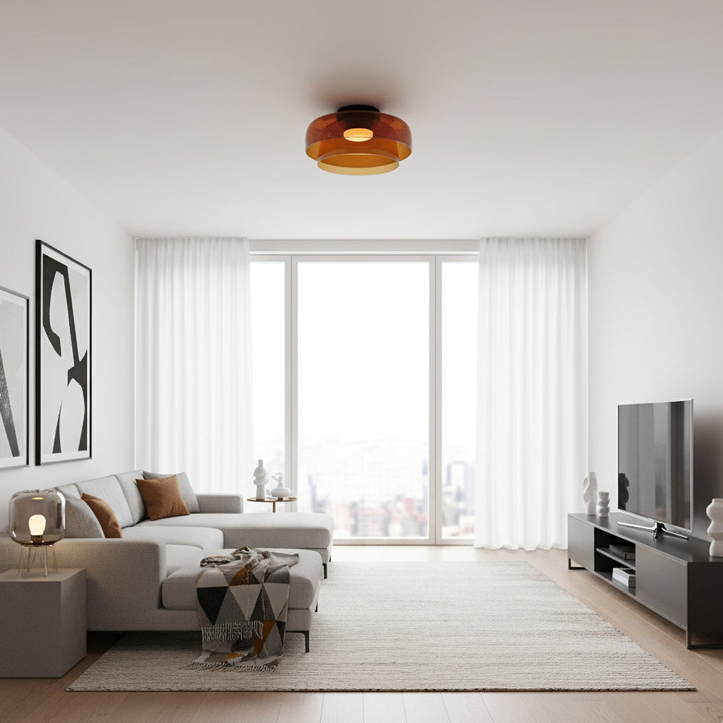 Tiered Glass Ceiling Light — Metal Frame, Black Green Smoke Gray Orange Finishes, Integrated LED, 32-42cm Diameter