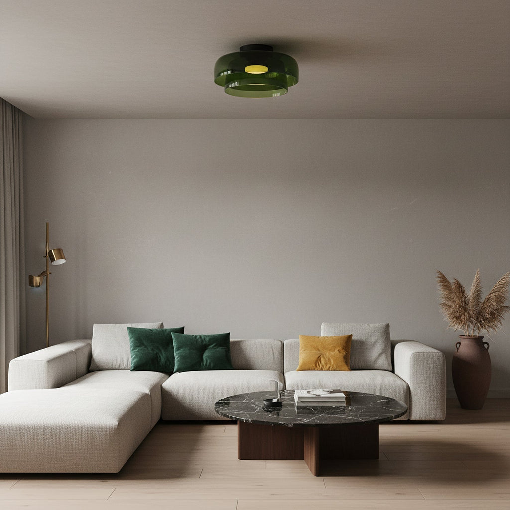 Tiered Glass Ceiling Light — Metal Frame, Black Green Smoke Gray Orange Finishes, Integrated LED, 32-42cm Diameter