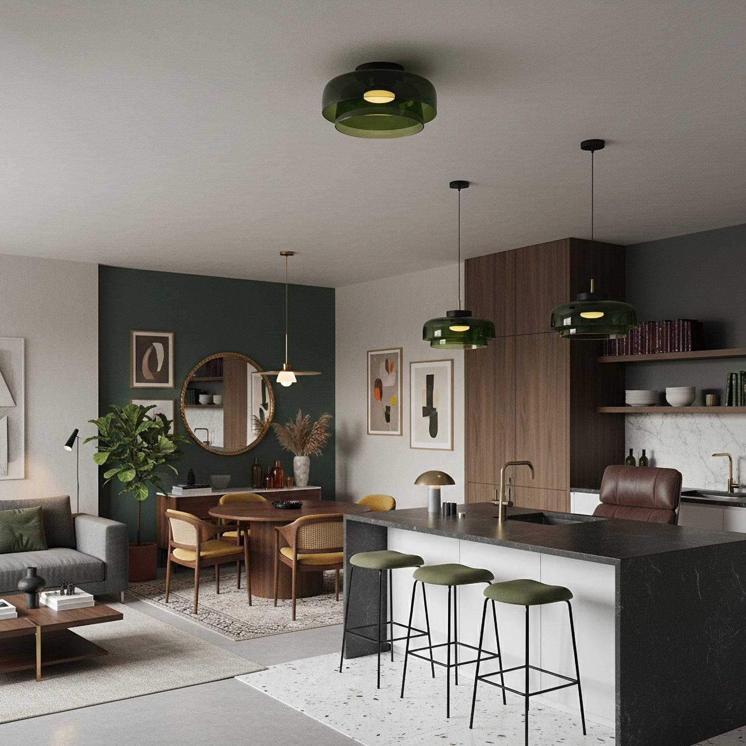 Tiered Glass Ceiling Light — Metal Frame, Black Green Smoke Gray Orange Finishes, Integrated LED, 32-42cm Diameter