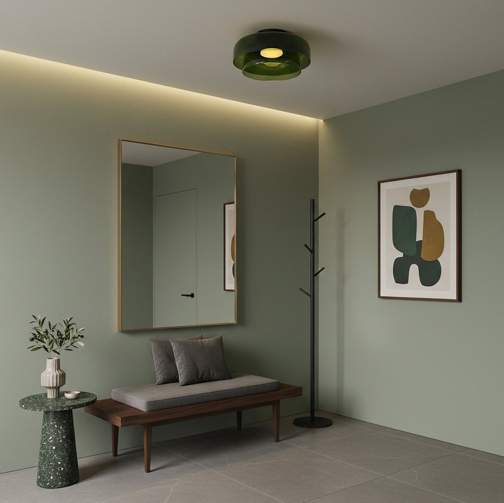 Tiered Glass Ceiling Light — Metal Frame, Black Green Smoke Gray Orange Finishes, Integrated LED, 32-42cm Diameter