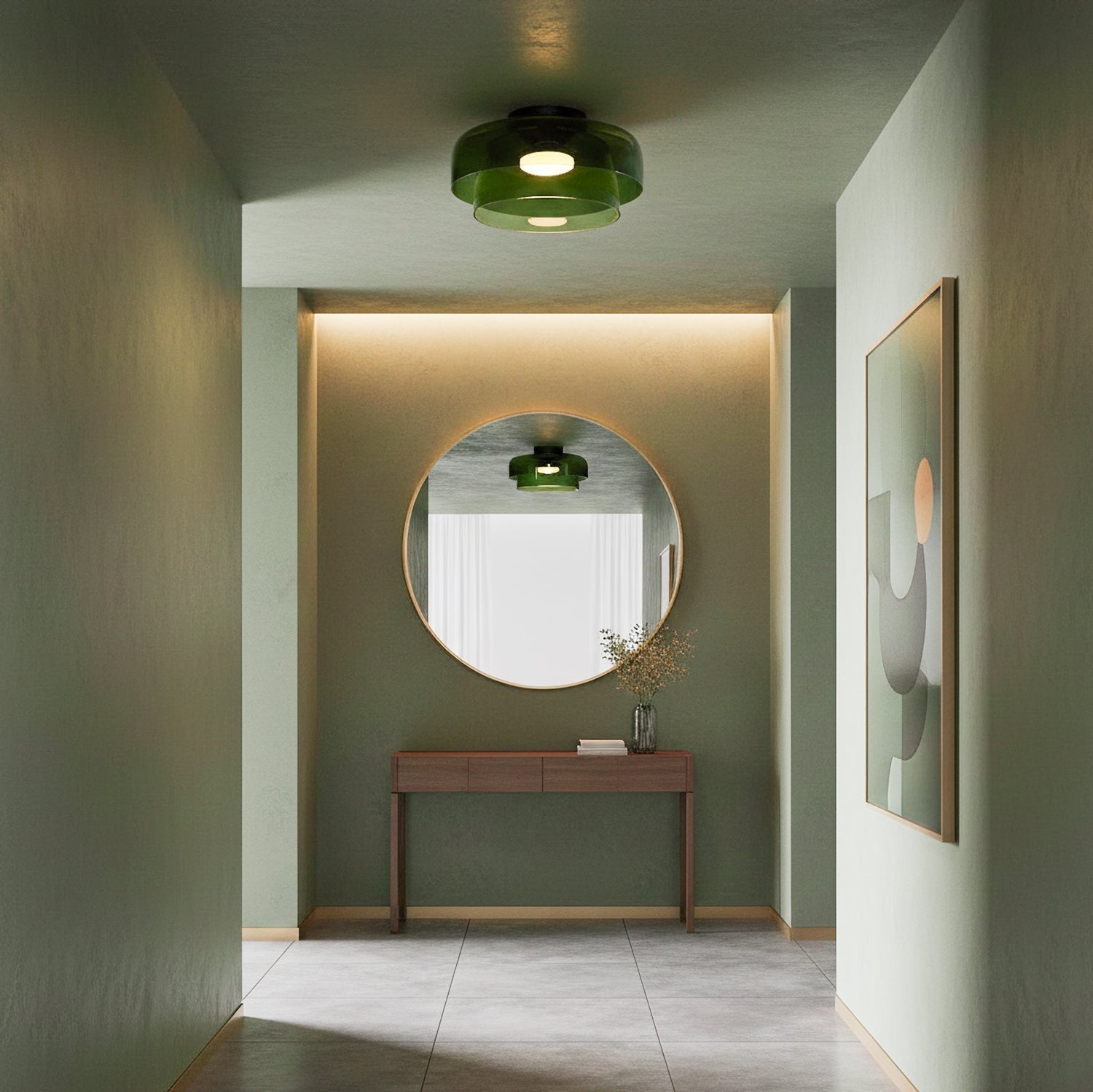 Tiered Glass Ceiling Light — Metal Frame, Black Green Smoke Gray Orange Finishes, Integrated LED, 32-42cm Diameter