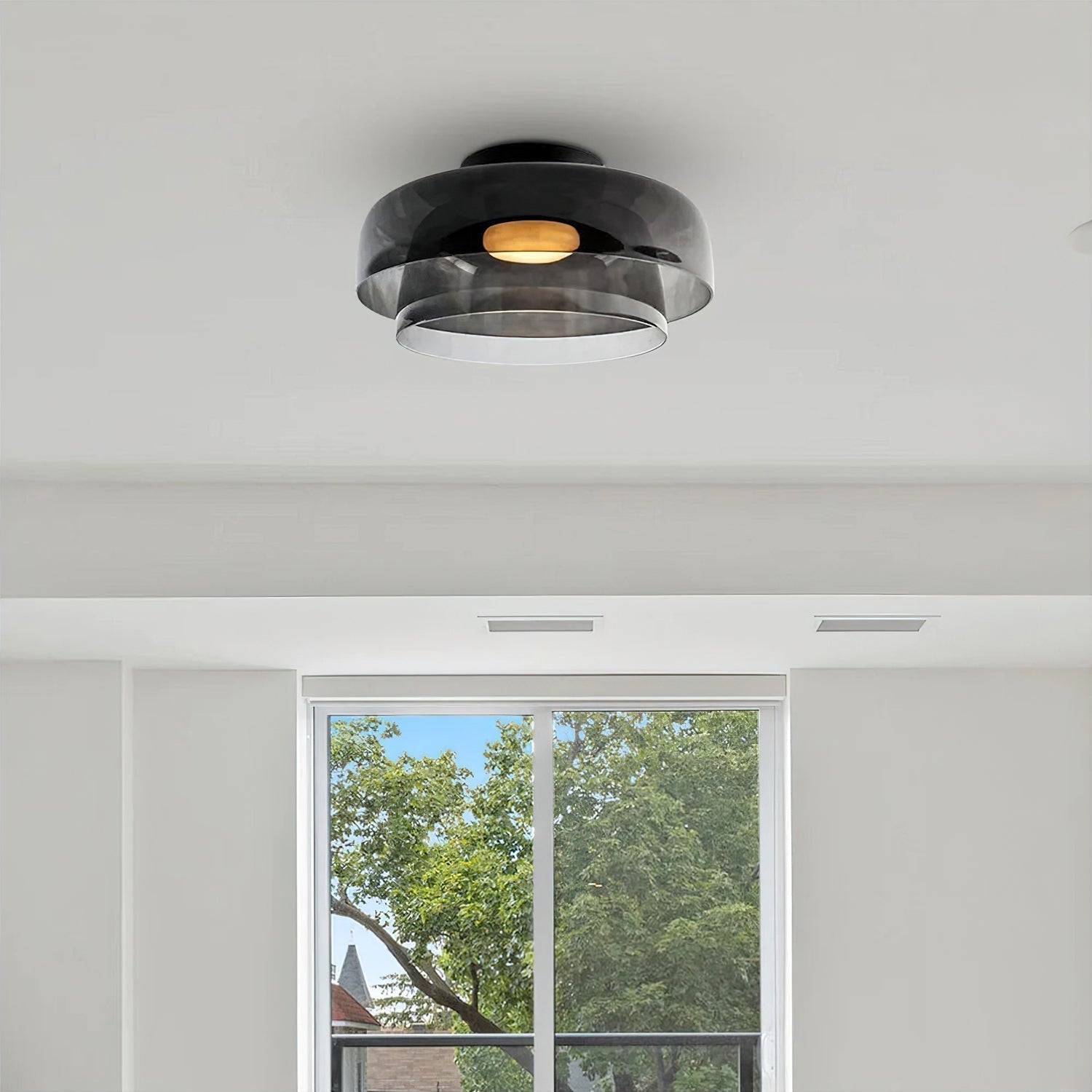 Tiered Glass Ceiling Light — Metal Frame, Black Green Smoke Gray Orange Finishes, Integrated LED, 32-42cm Diameter