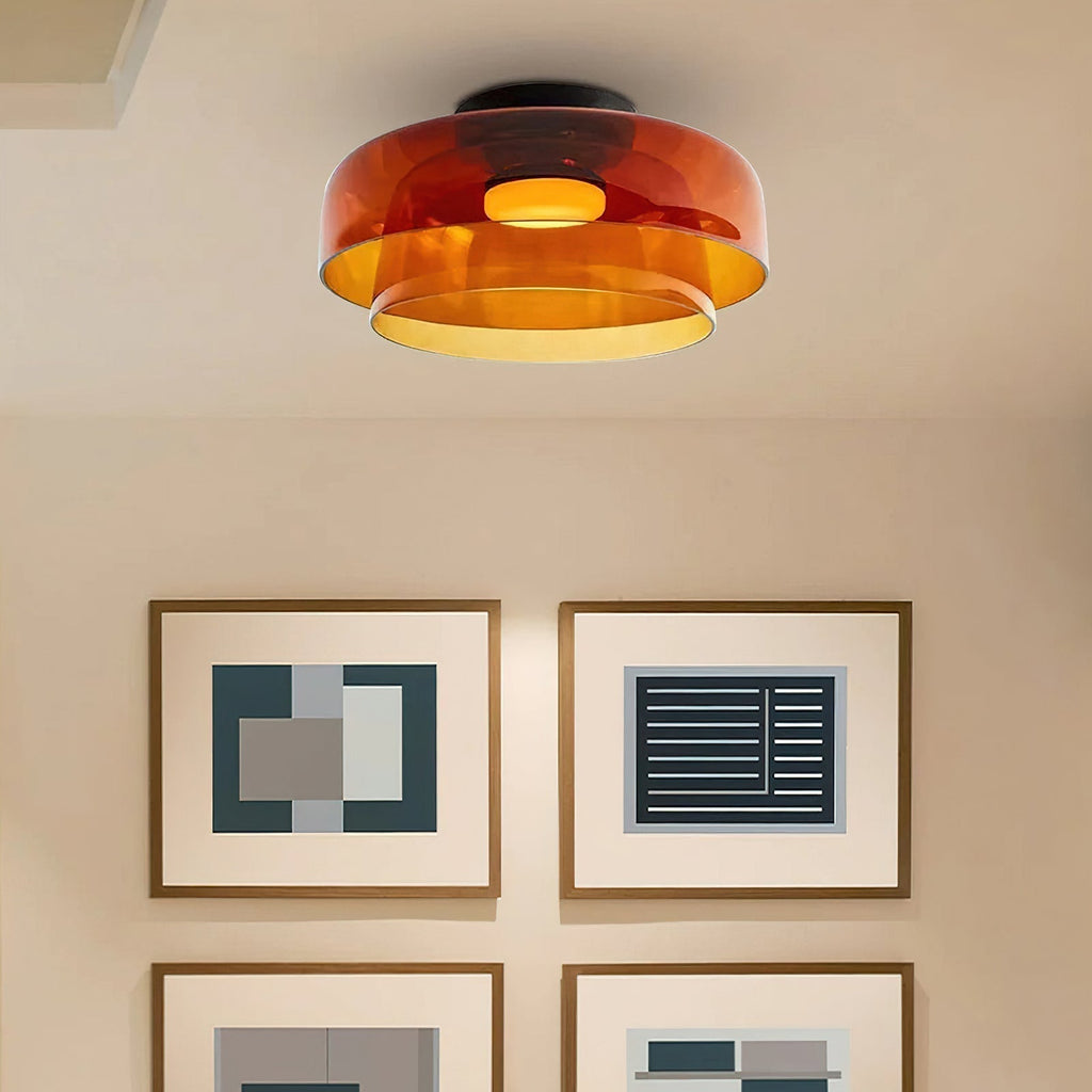 Tiered Glass Ceiling Light — Metal Frame, Black Green Smoke Gray Orange Finishes, Integrated LED, 32-42cm Diameter