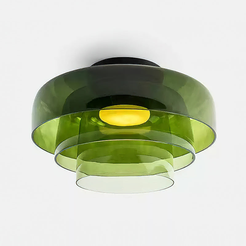 Tiered Glass Ceiling Light — Metal Frame, Black Green Smoke Gray Orange Finishes, Integrated LED, 32-42cm Diameter
