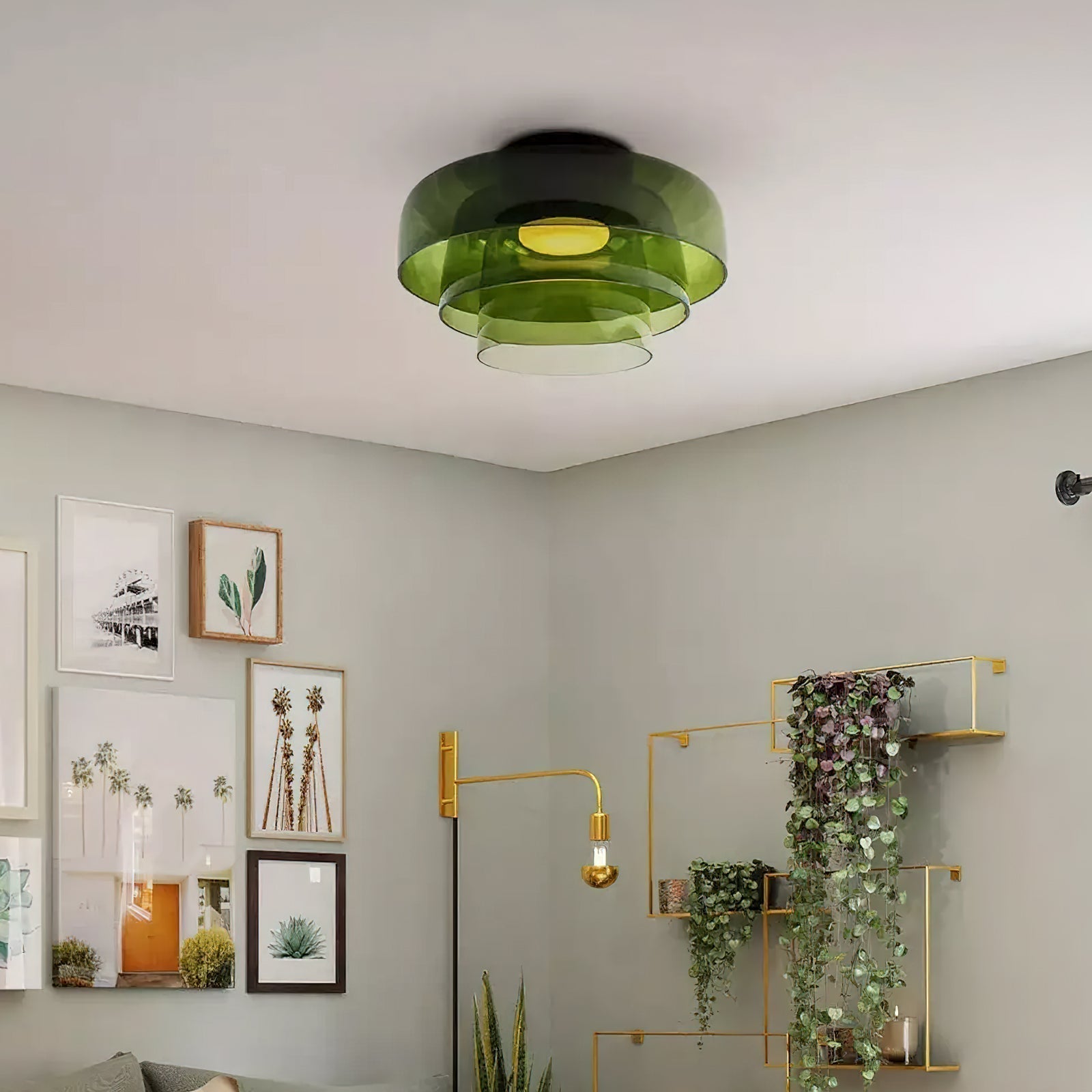 Tiered Glass Ceiling Light — Metal Frame, Black Green Smoke Gray Orange Finishes, Integrated LED, 32-42cm Diameter