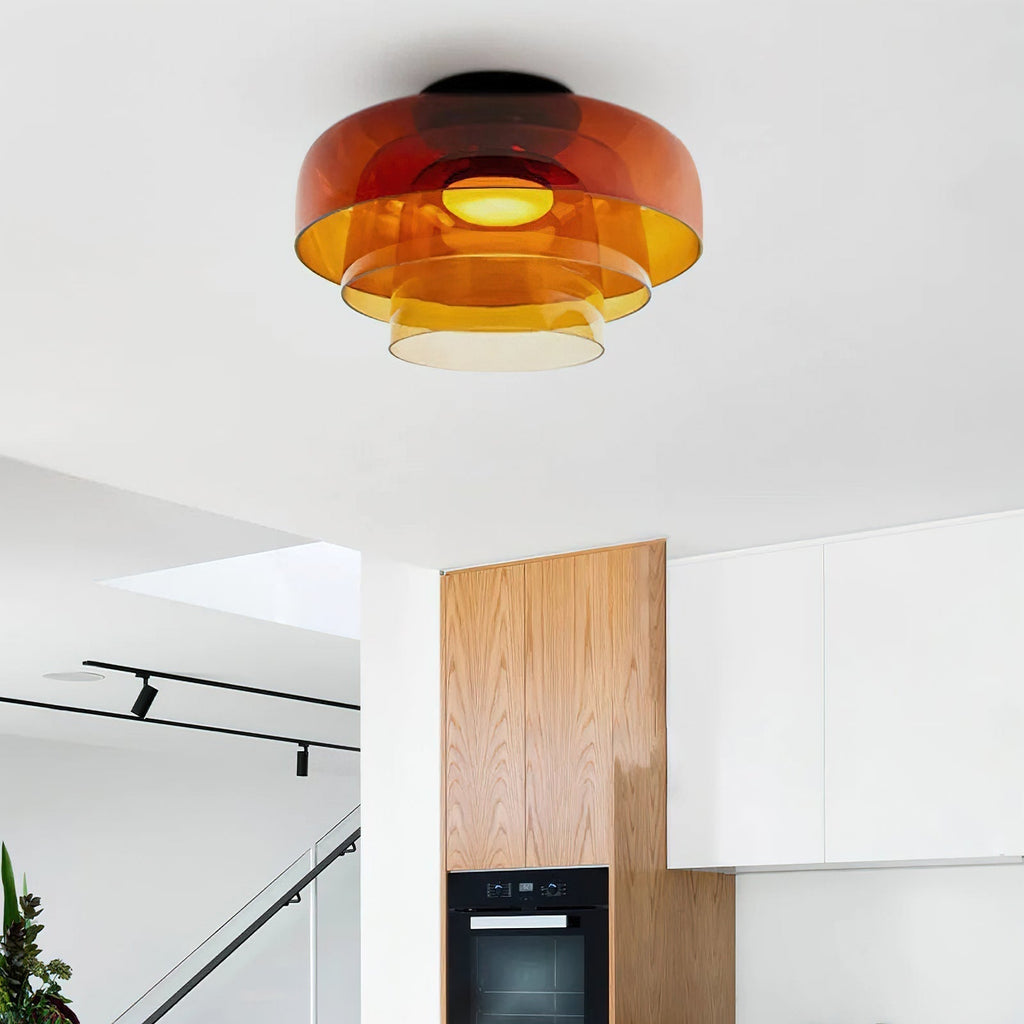 Tiered Glass Ceiling Light — Metal Frame, Black Green Smoke Gray Orange Finishes, Integrated LED, 32-42cm Diameter