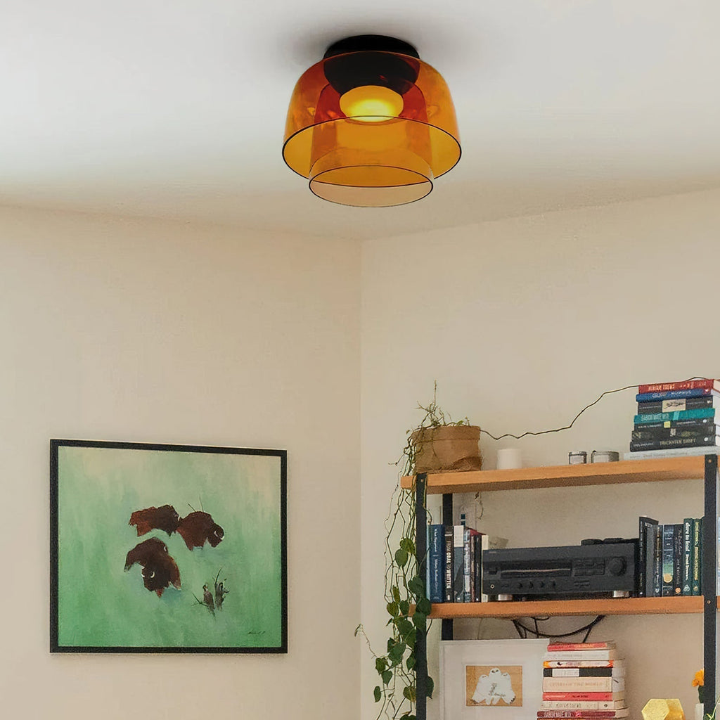 Tiered Glass Ceiling Light — Metal Frame, Black Green Smoke Gray Orange Finishes, Integrated LED, 32-42cm Diameter