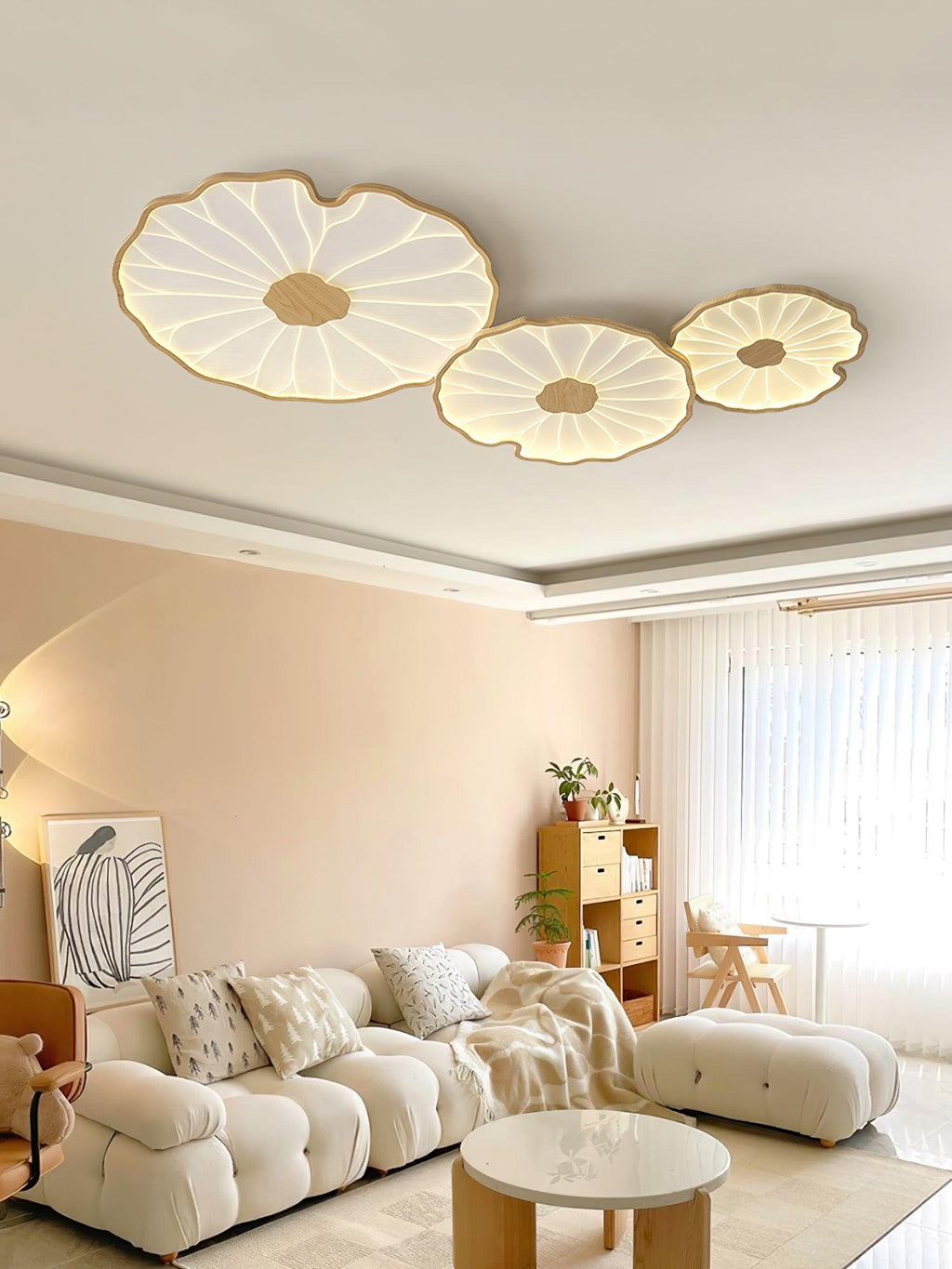 ロータスリーフ・シーリングライト — アクリルシェード、メタルフレーム、木目調仕上げ、LED 3000K-6000K