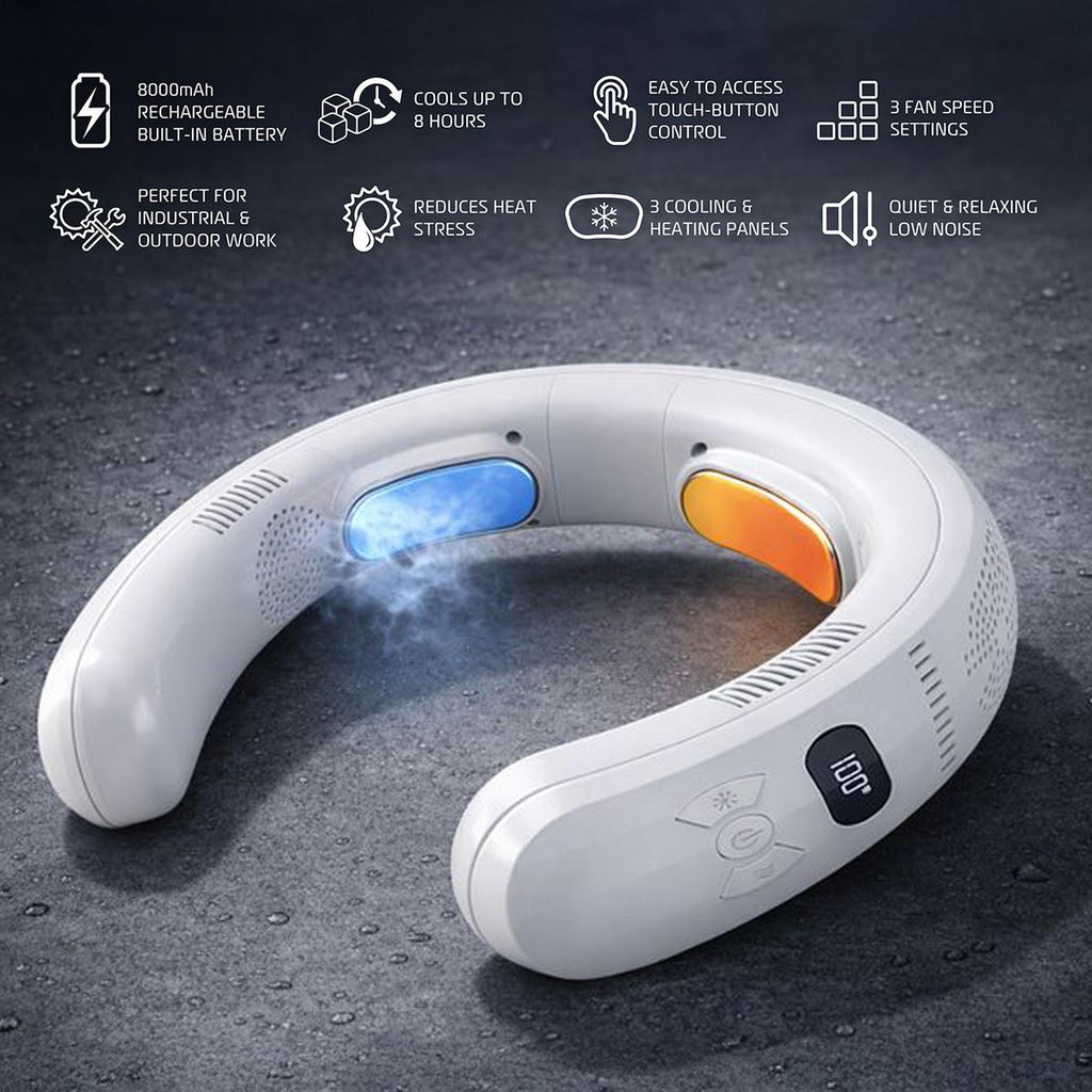 ThermoFlow 3-Zone Wearable Neck Fan – Adjustable Neck Cooler and Heater