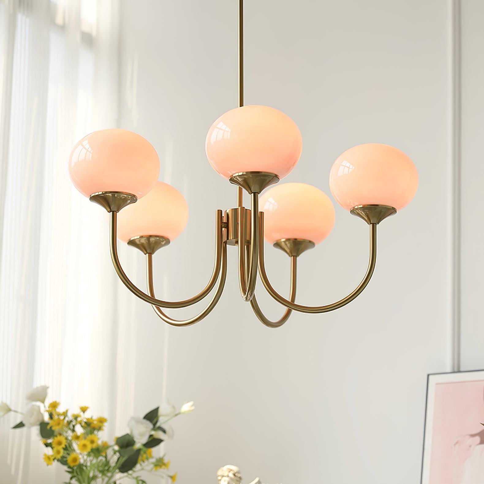 3 or 5-Light Retro Pink Glass Ceiling Pendant — Gold Finish Lighting