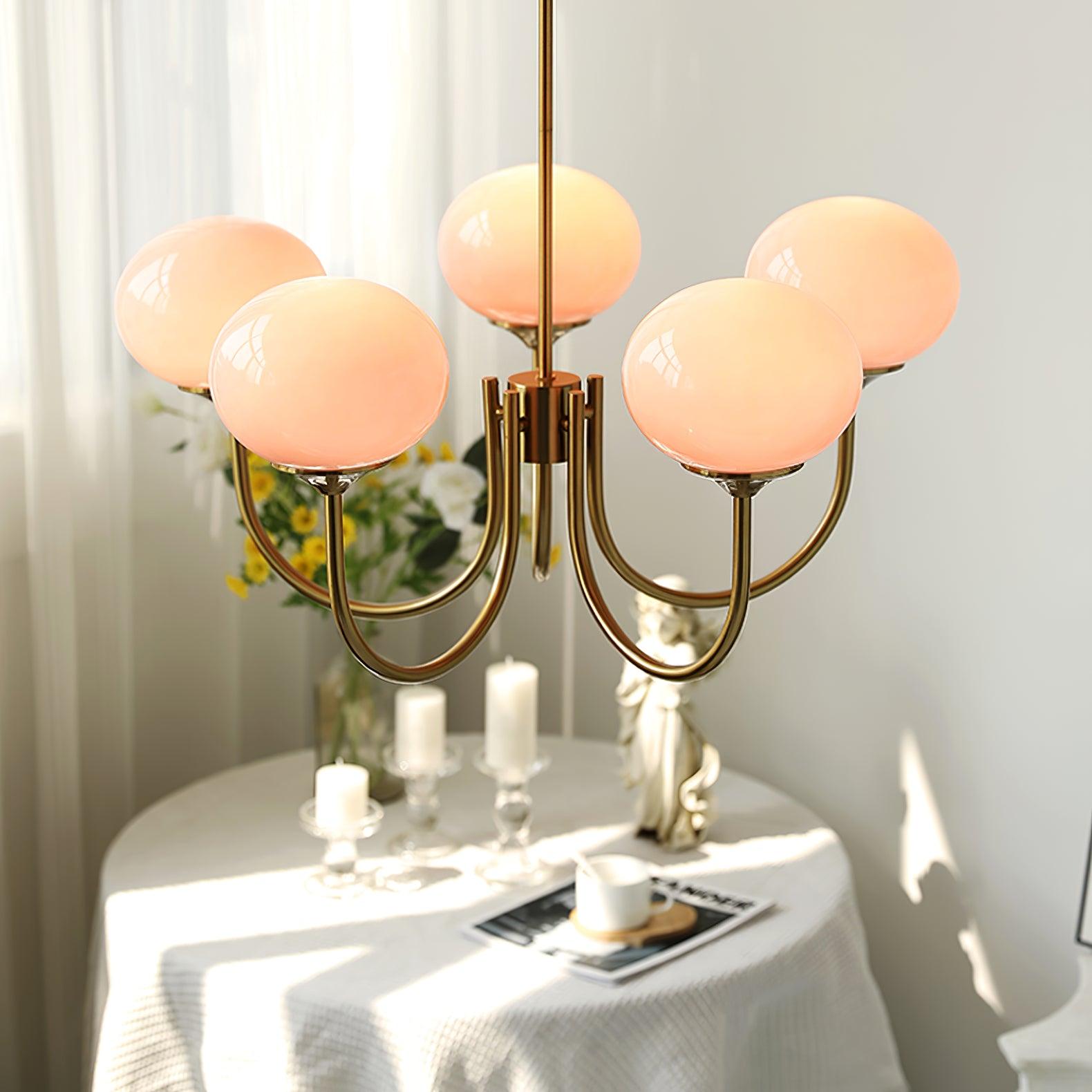 3 or 5-Light Retro Pink Glass Ceiling Pendant — Gold Finish Lighting