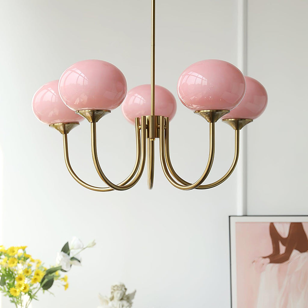 3 or 5-Light Retro Pink Glass Ceiling Pendant — Gold Finish Lighting