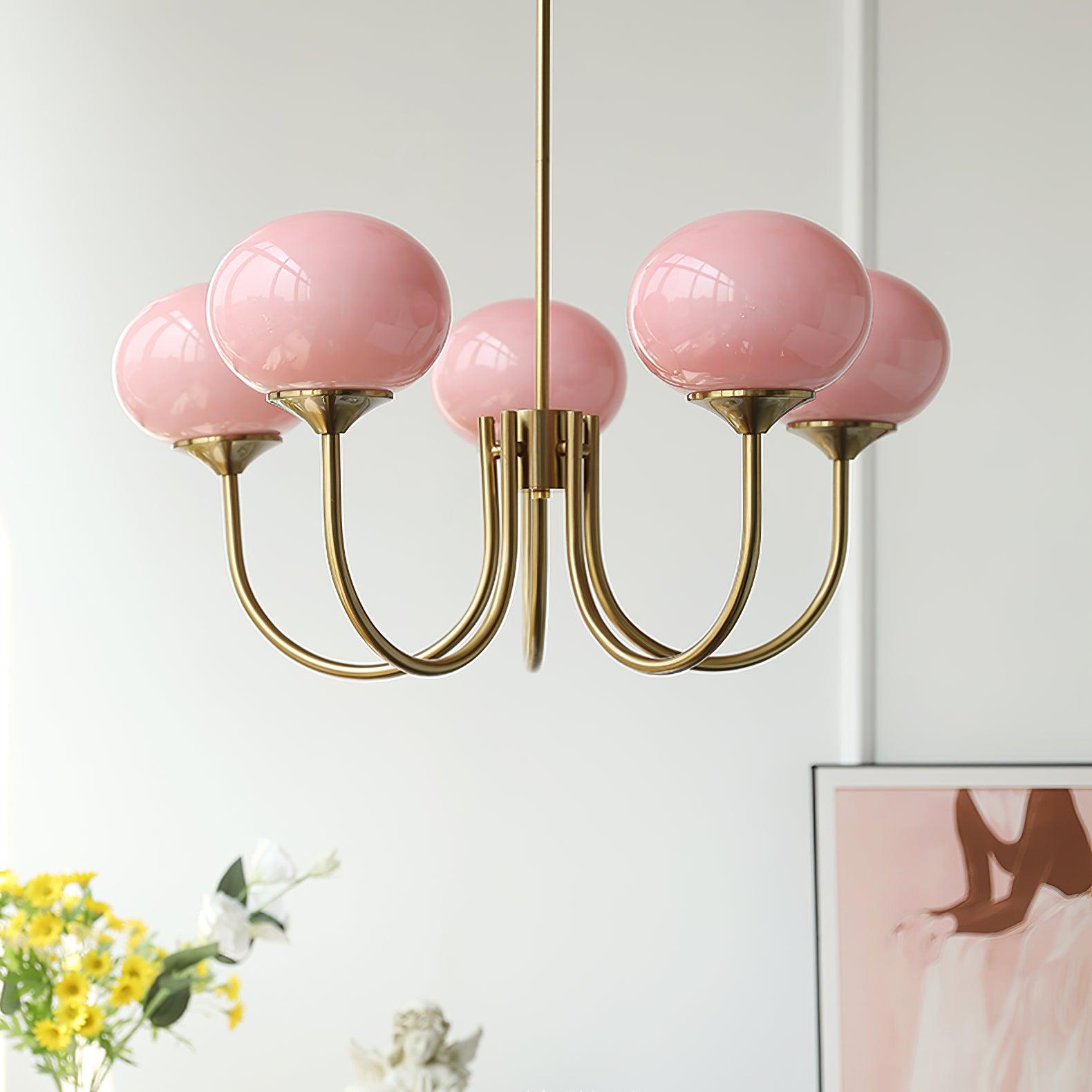 3 or 5-Light Retro Pink Glass Ceiling Pendant — Gold Finish Lighting